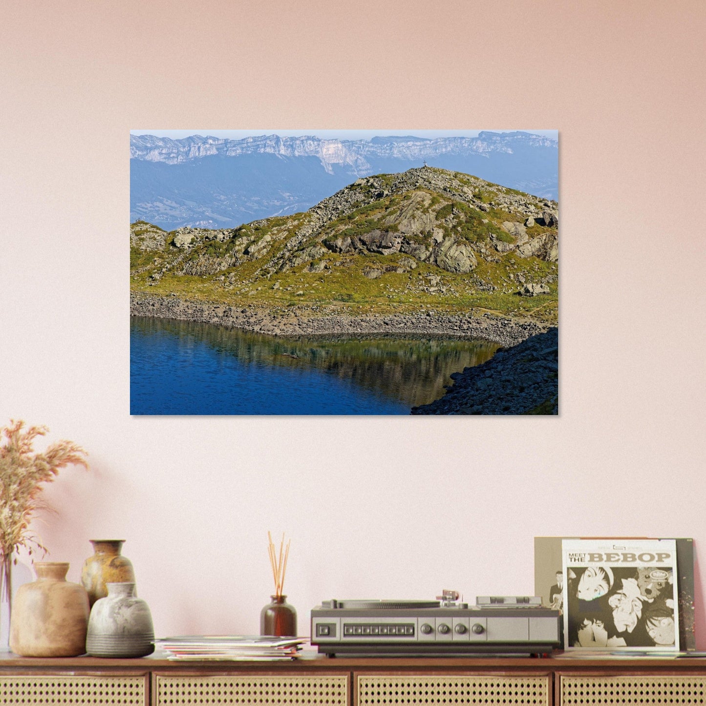 Photo du lac de Crop face au Grand Pic et à la Croix de Belledonne — tableau photo paysage de montagne en Alu Dibond, fabrication française