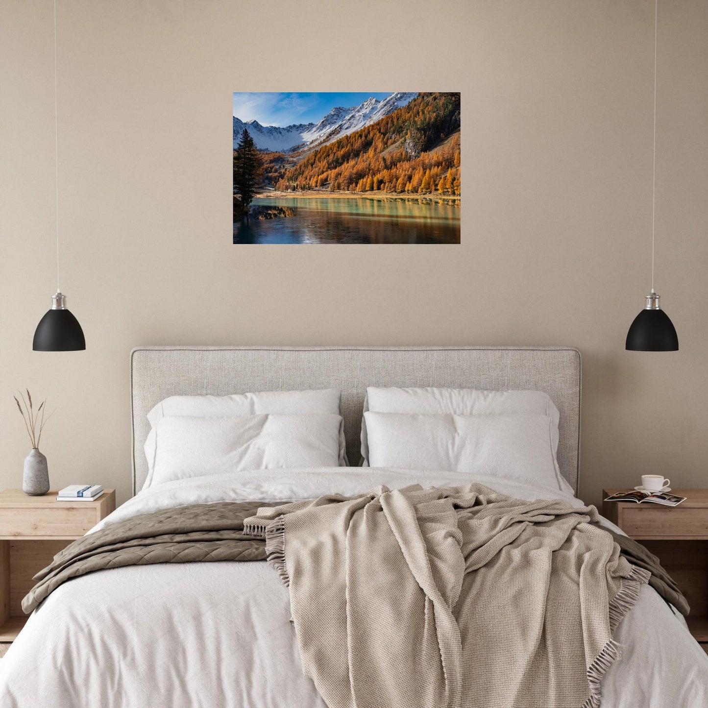 Photo of Lake Orceyrette surrounded by larches in autumn — photo print on matte aluminium Dibond