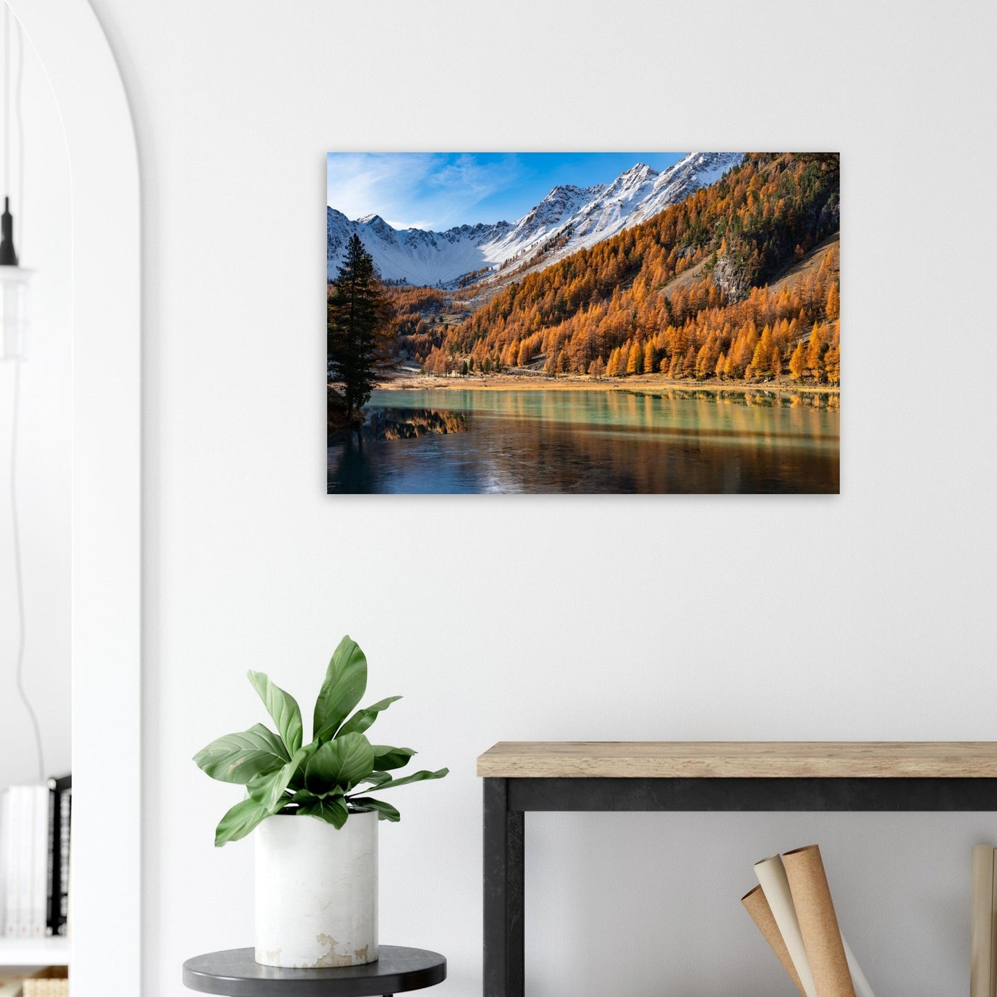 Photo of Lake Orceyrette surrounded by larches in autumn — photo print on matte aluminium Dibond