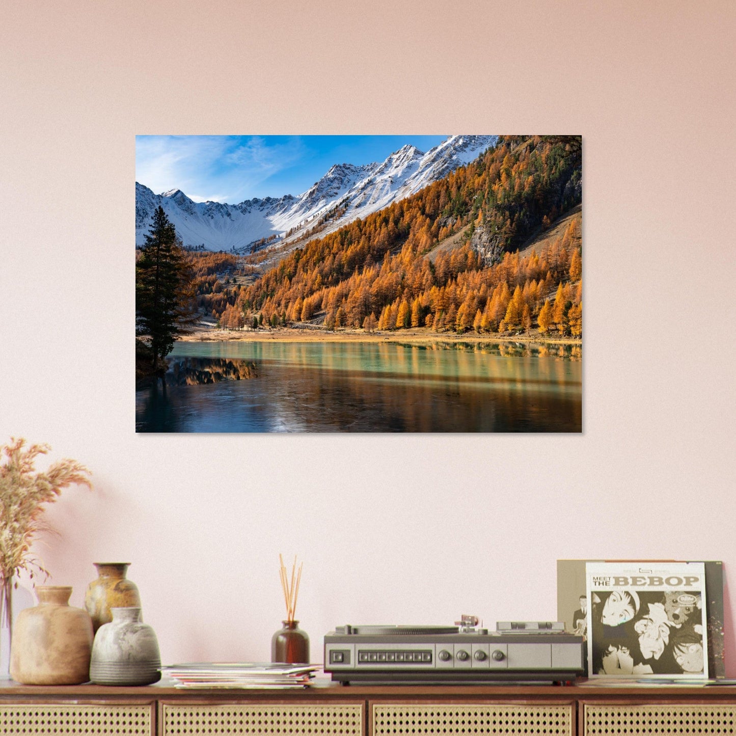 Photo of Lake Orceyrette surrounded by larches in autumn — photo print on matte aluminium Dibond