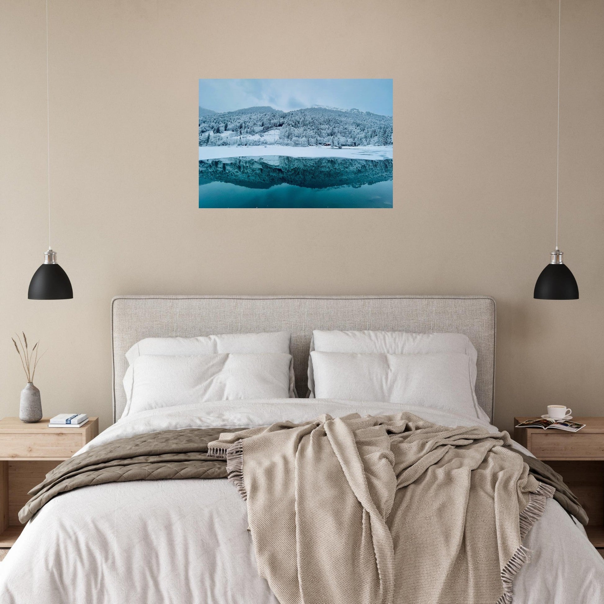 Photo du lac de Montriond sous la neige en Haute-Savoie — tableau photo paysage de montagne en Alu Dibond