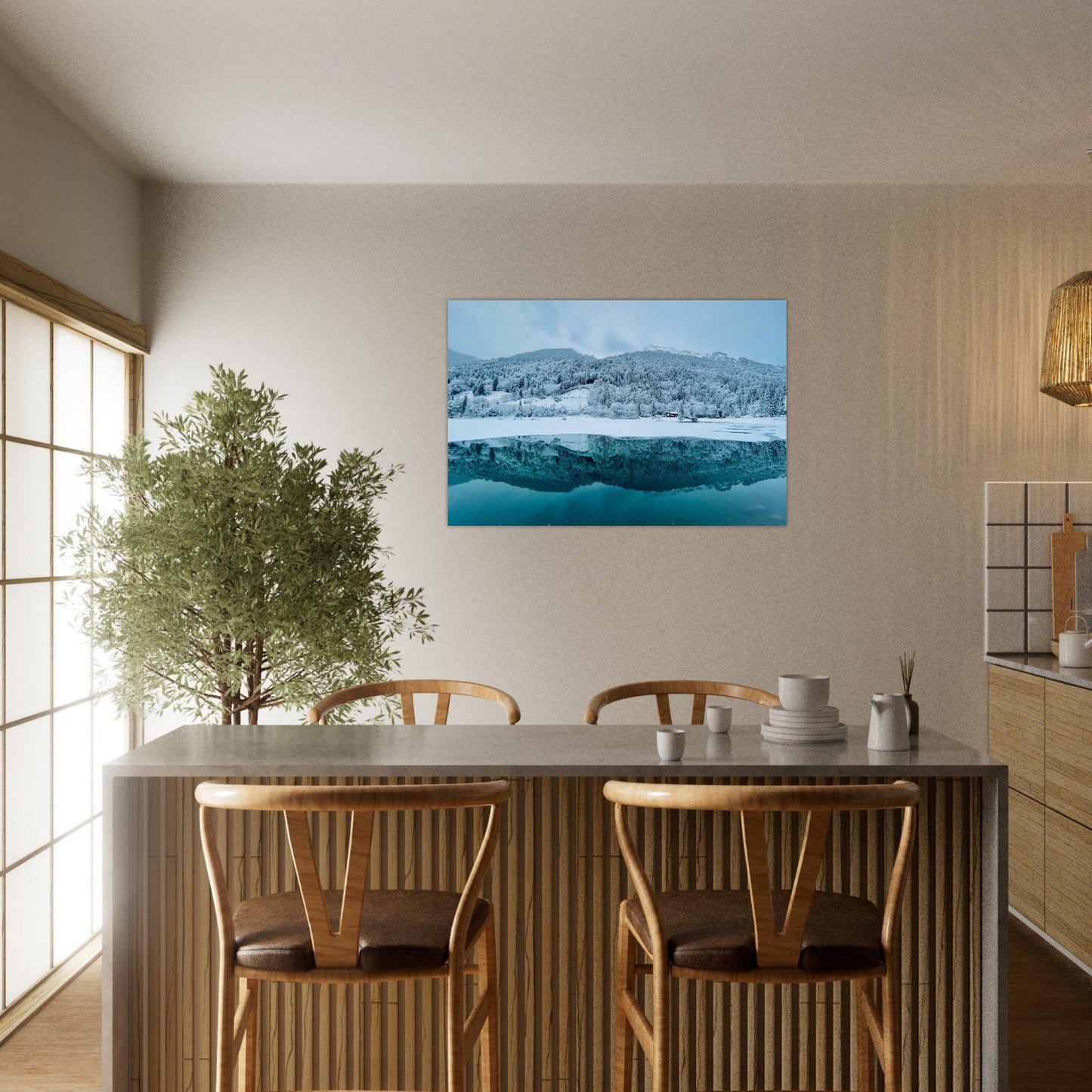 Photo du lac de Montriond sous la neige en Haute-Savoie — tableau photo paysage de montagne en Alu Dibond