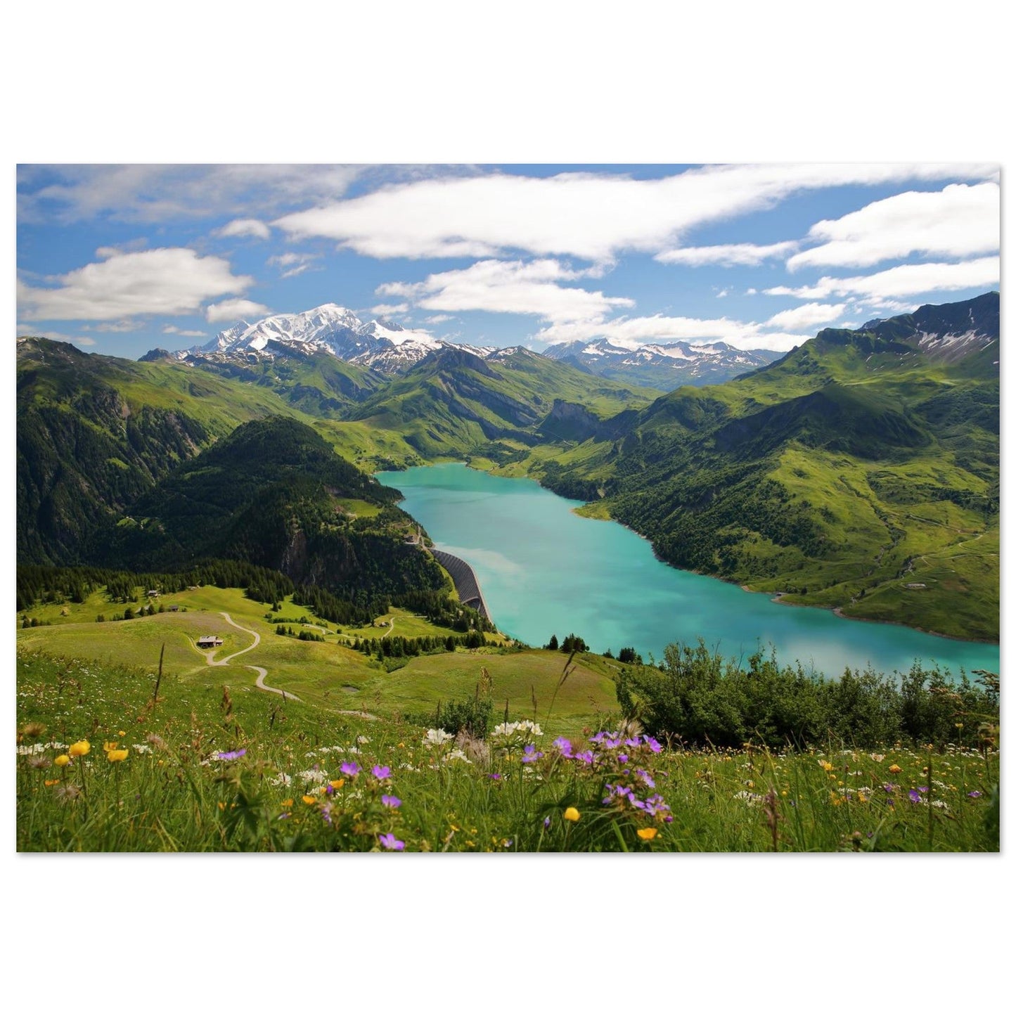 Tableau photo du Lac de Roselend et Mont-Blanc depuis Roche Parstire sur aluminium Dibond mat, format 70 × 100 cm