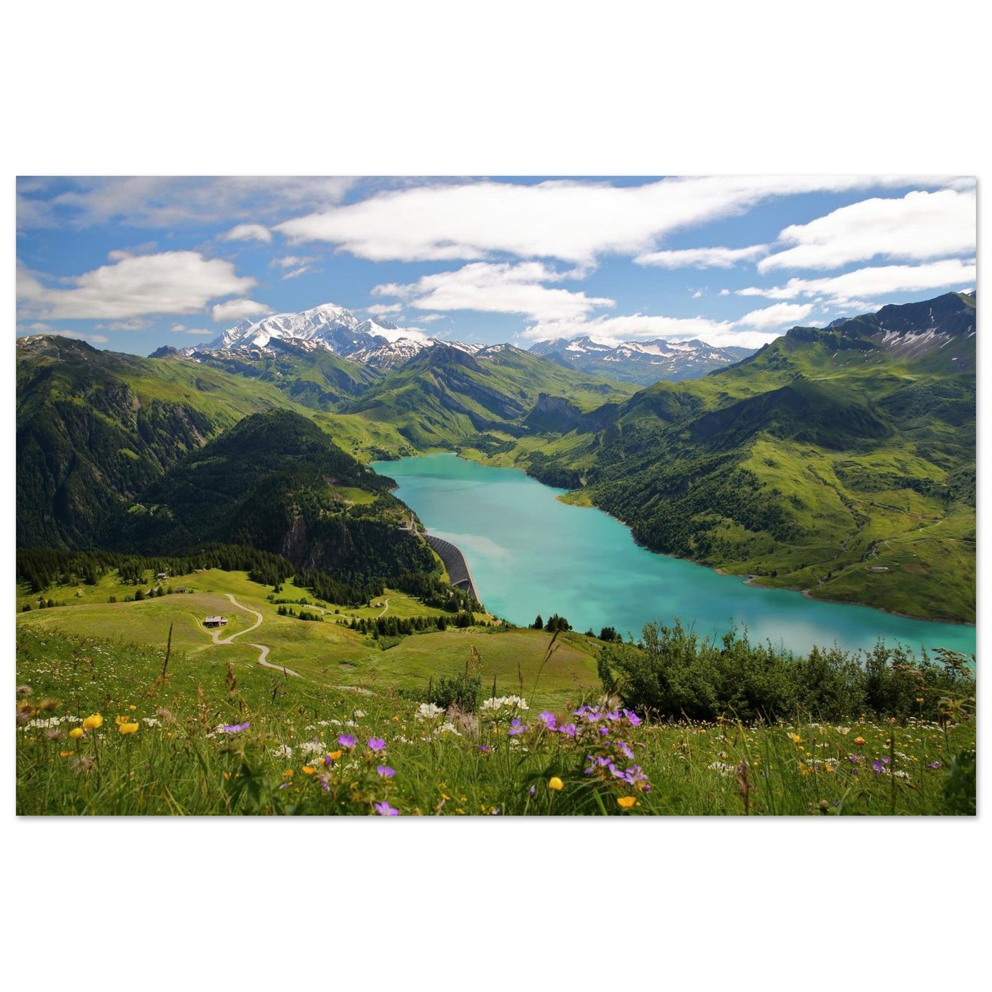 Tableau photo du Lac de Roselend et Mont-Blanc depuis Roche Parstire sur aluminium Dibond mat, format 30 × 45 cm