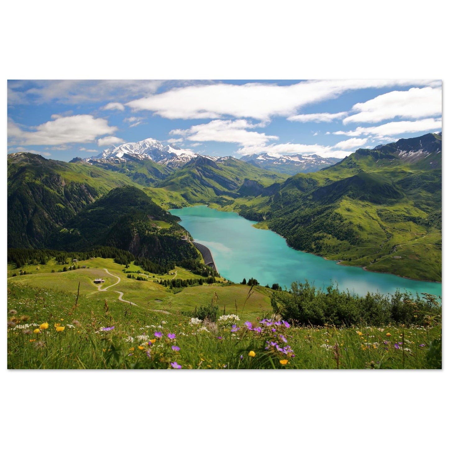 Tableau photo du Lac de Roselend et Mont-Blanc depuis Roche Parstire sur aluminium Dibond mat, format 50 × 75 cm