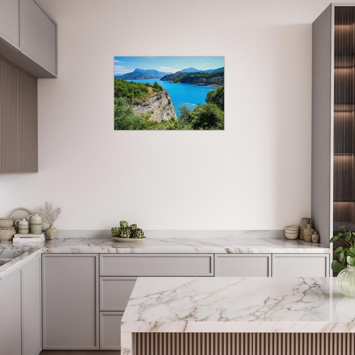 Photo of Lake Serre-Ponçon with turquoise waters — photo print on matte aluminium Dibond