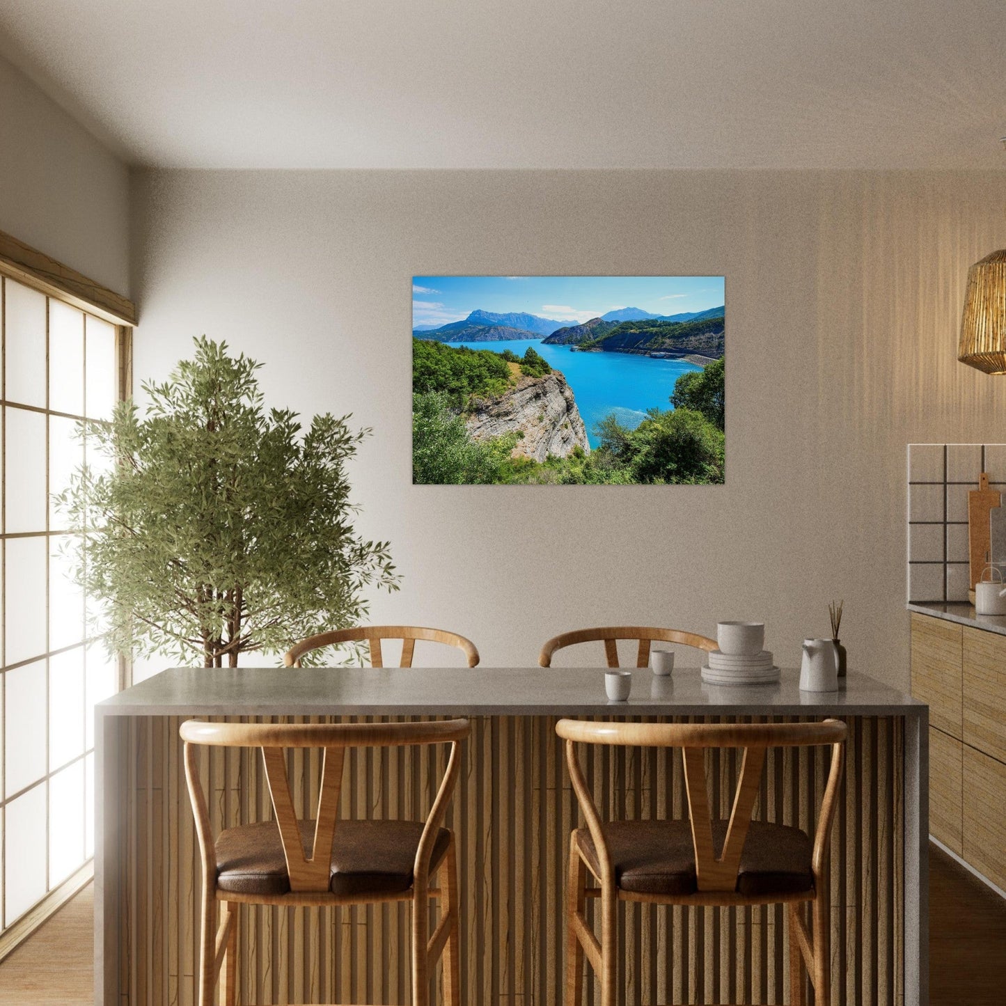 Photo of Lake Serre-Ponçon with turquoise waters — photo print on matte aluminium Dibond
