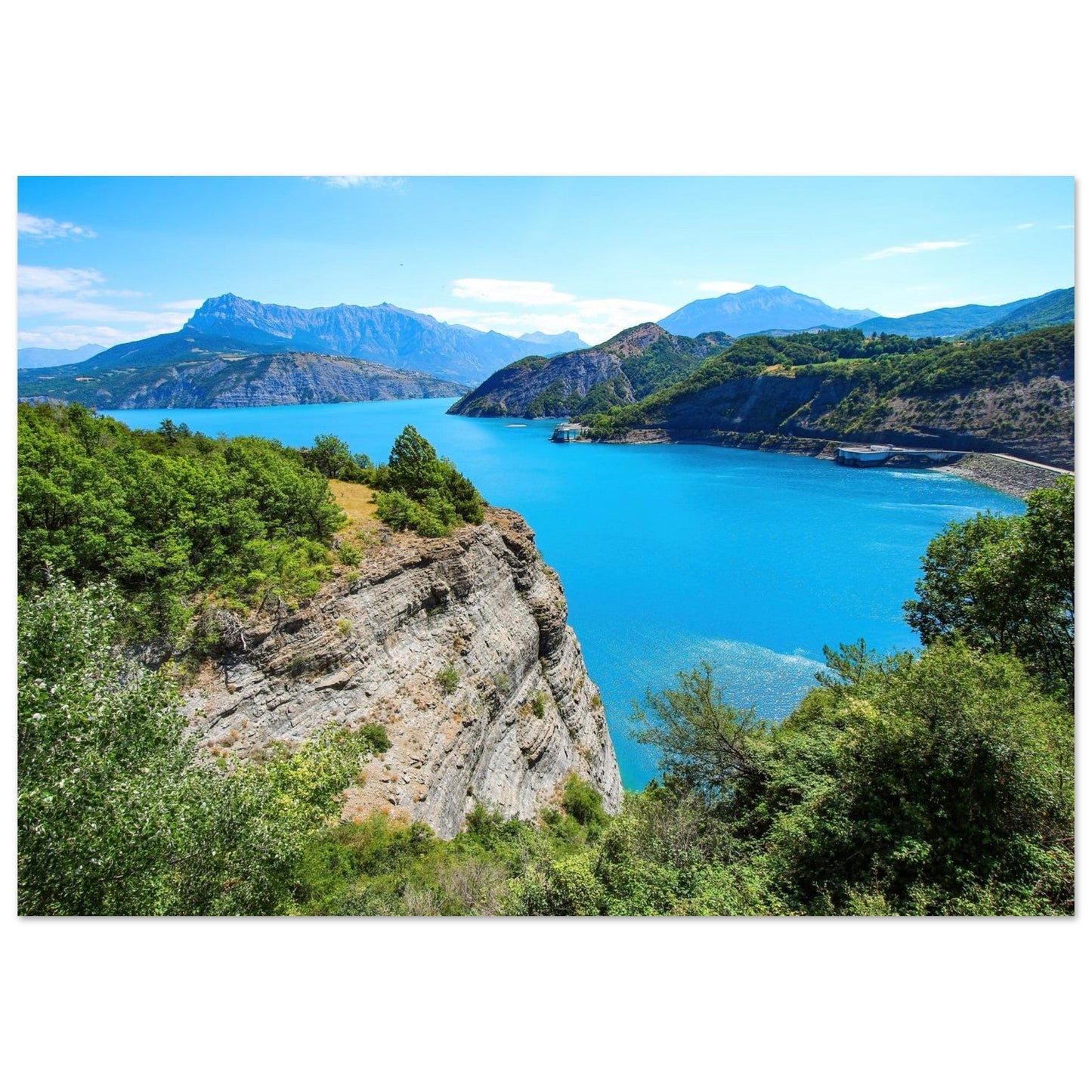 Photo of Lake Serre-Ponçon with turquoise waters — photo print on matte aluminium Dibond