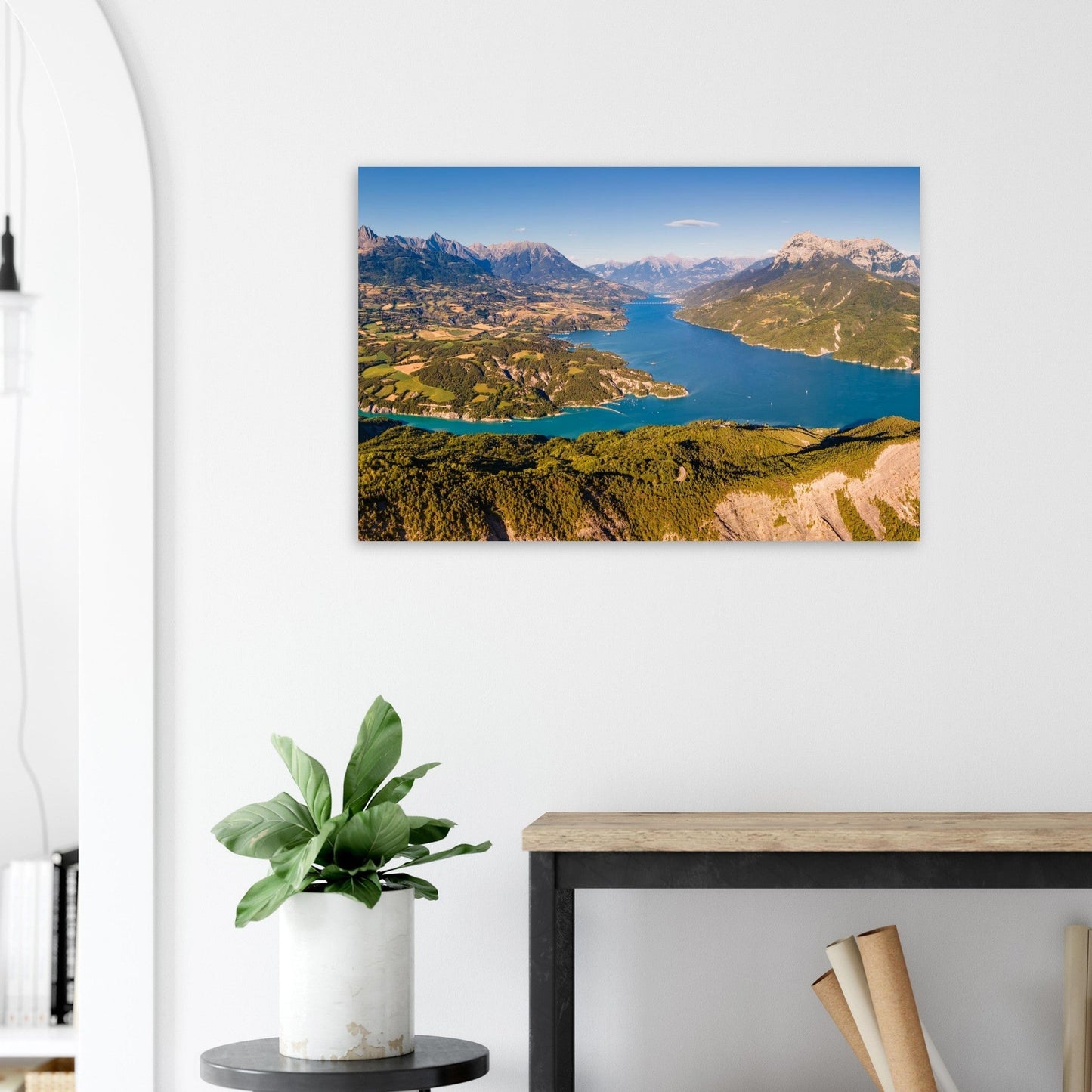 Photo du lac de Serre-Ponçon vu du ciel face au Grand Morgon — tableau photo paysage de montagne en Alu Dibond