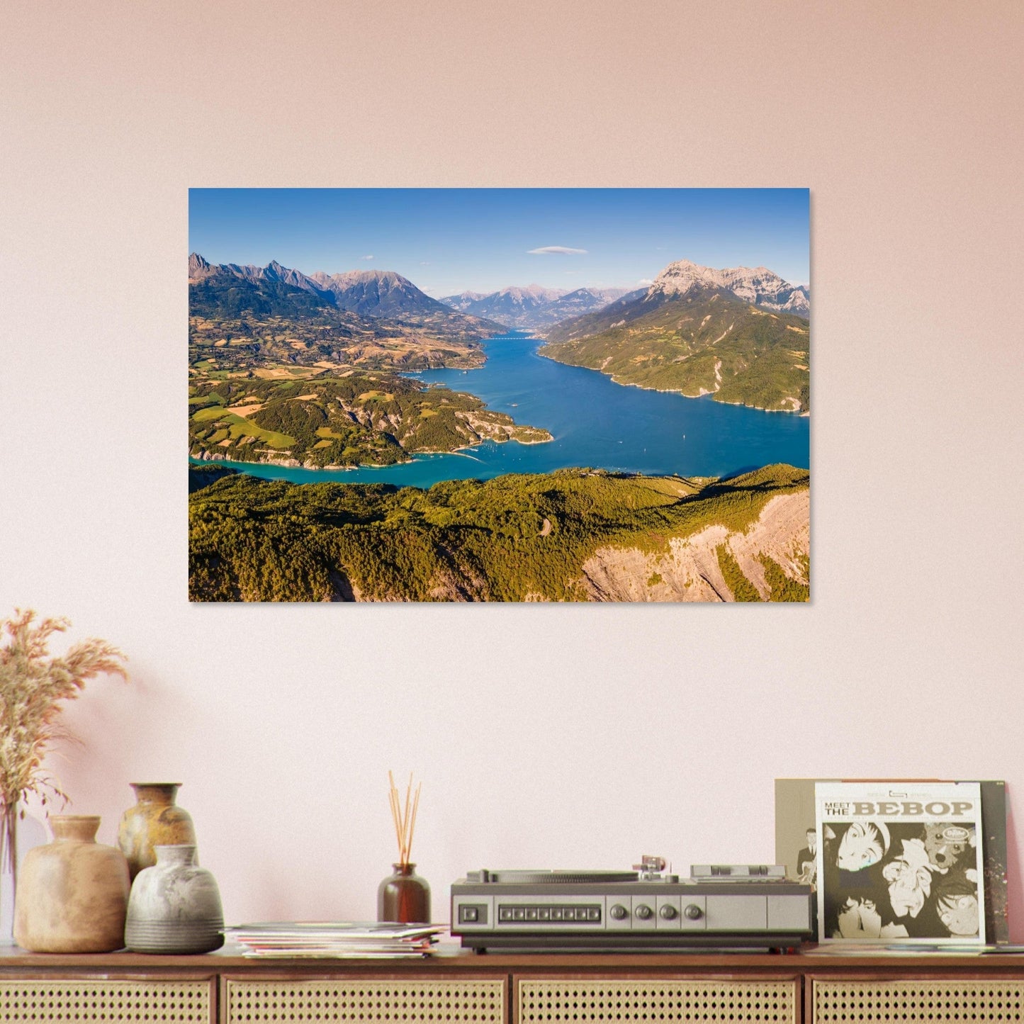 Photo du lac de Serre-Ponçon vu du ciel face au Grand Morgon — tableau photo paysage de montagne en Alu Dibond