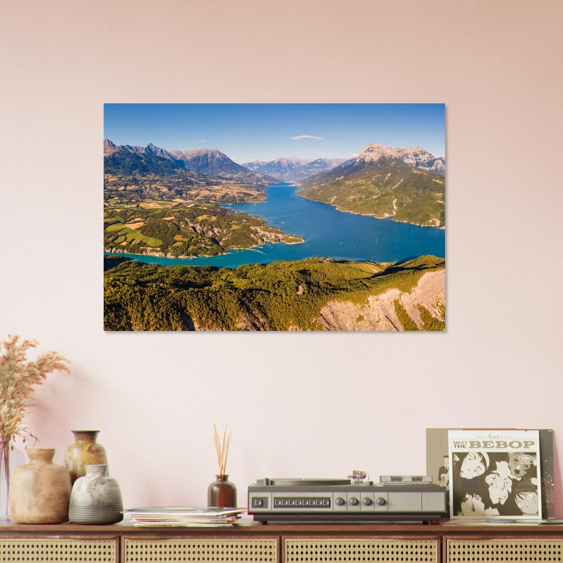 Photo du lac de Serre-Ponçon vu du ciel face au Grand Morgon — tableau photo paysage de montagne en Alu Dibond