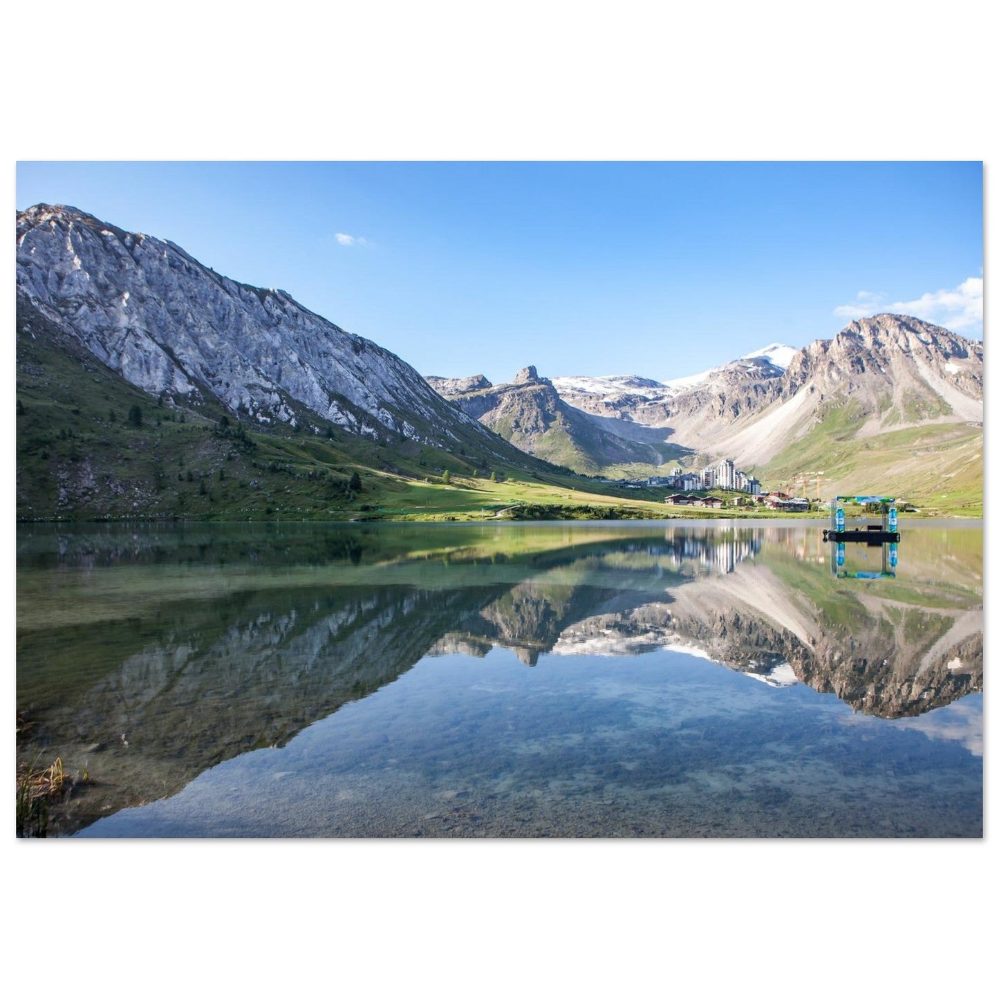 Photo du lac de Tignes face à la Grande Motte au matin — tableau photo paysage de montagne en Alu Dibond, fabrication française