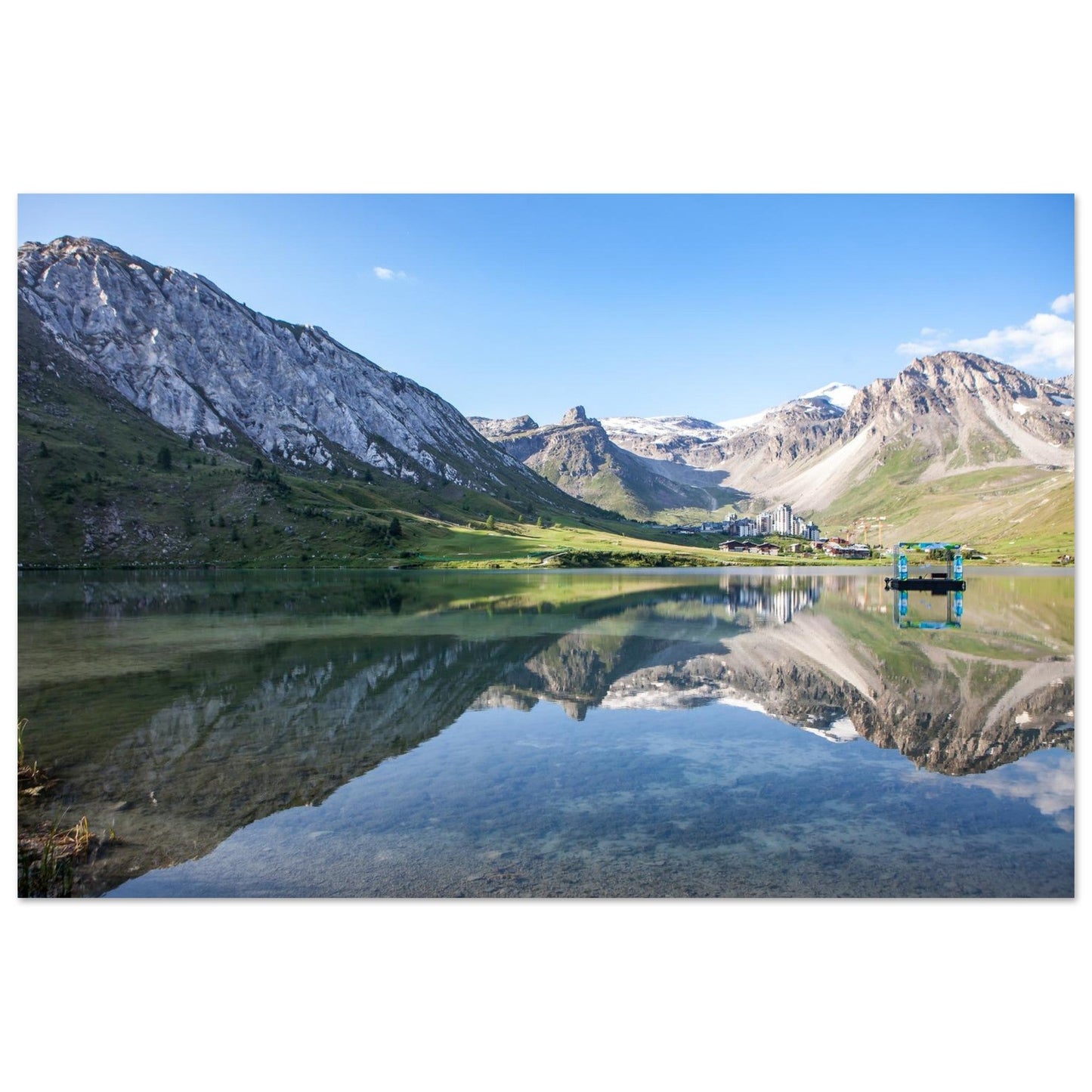 Photo du lac de Tignes face à la Grande Motte au matin — tableau photo paysage de montagne en Alu Dibond, fabrication française