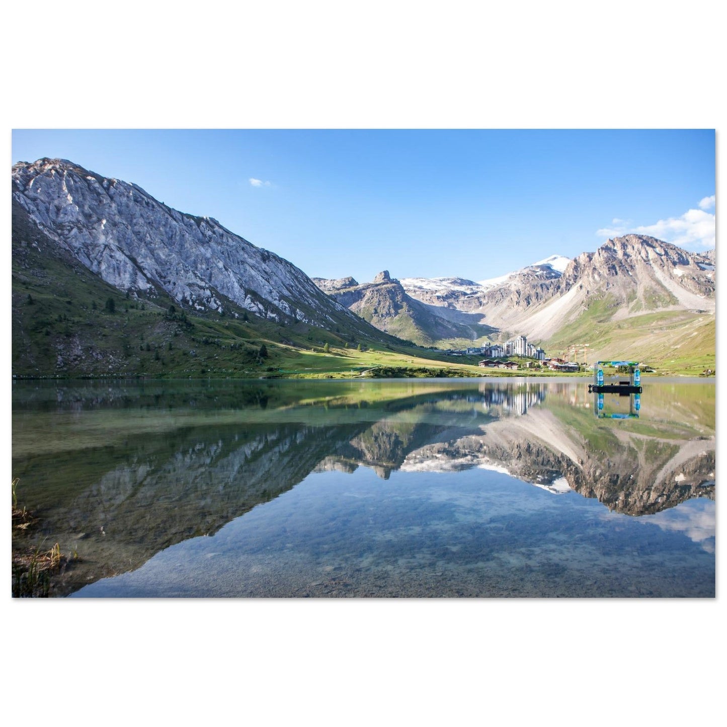 Photo du lac de Tignes face à la Grande Motte au matin — tableau photo paysage de montagne en Alu Dibond, fabrication française