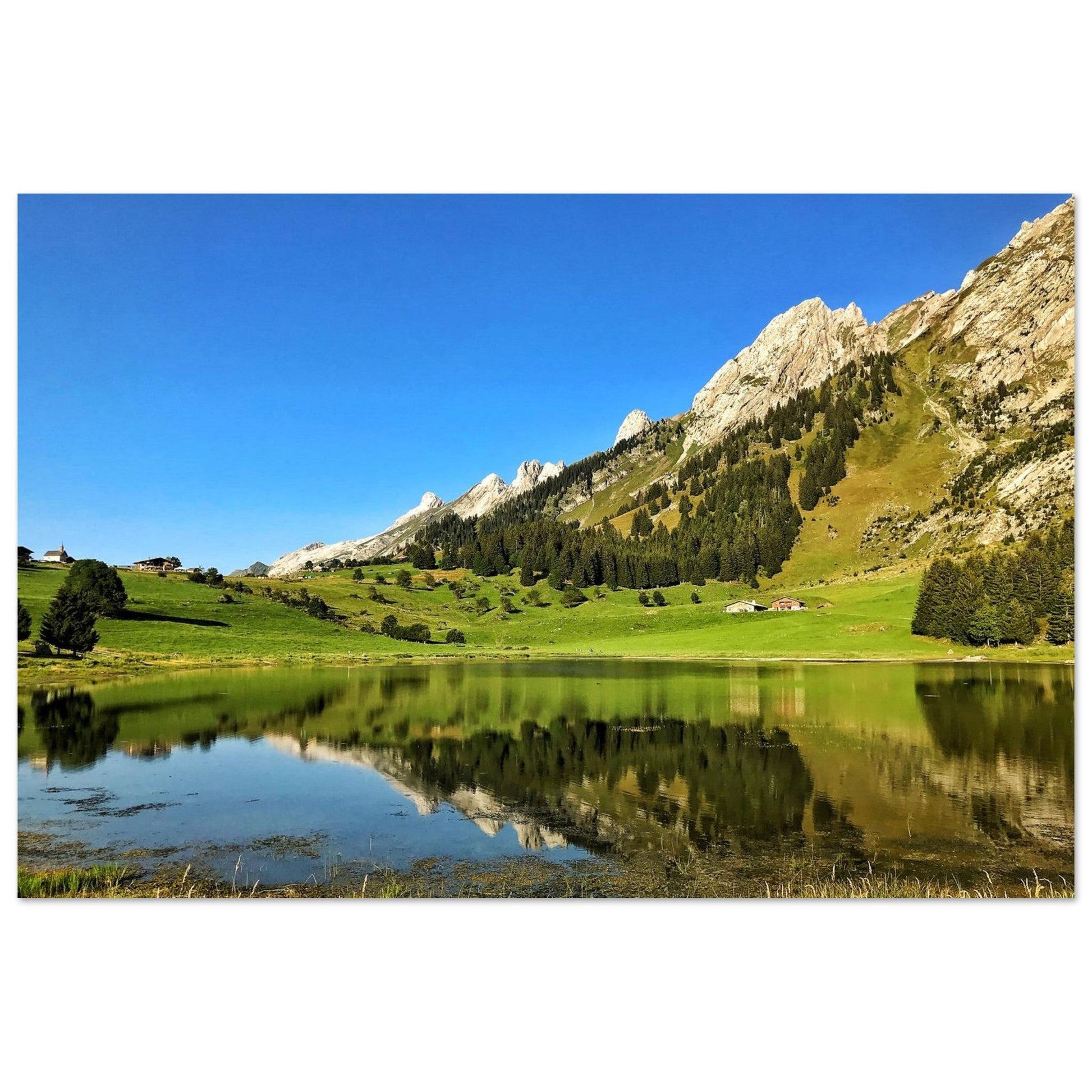 Tableau photo du lac des Confins à La Clusaz sur aluminium Dibond mat, format 30 × 45 cm