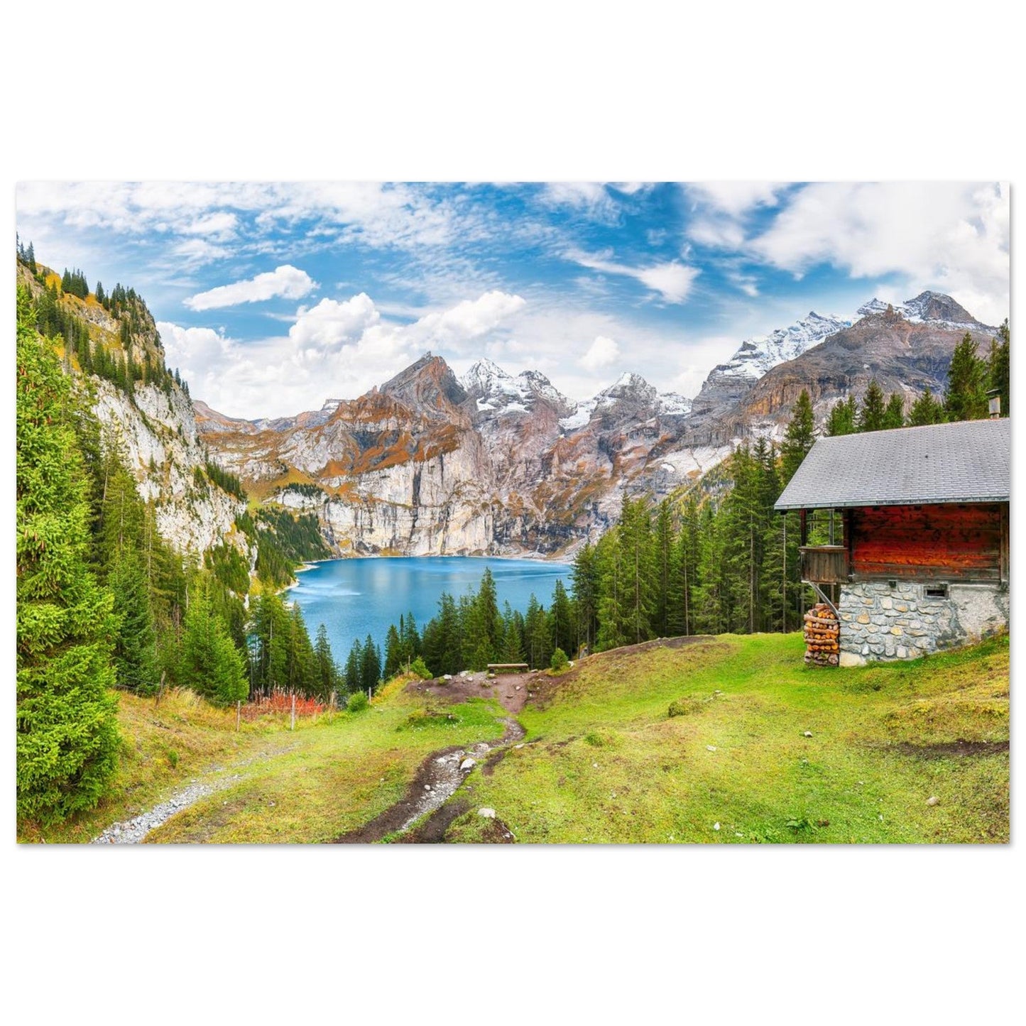 Tableau photo du lac d’Oeschinen et du massif du Blüemlisalp en automne sur aluminium Dibond mat, format 30 × 45 cm