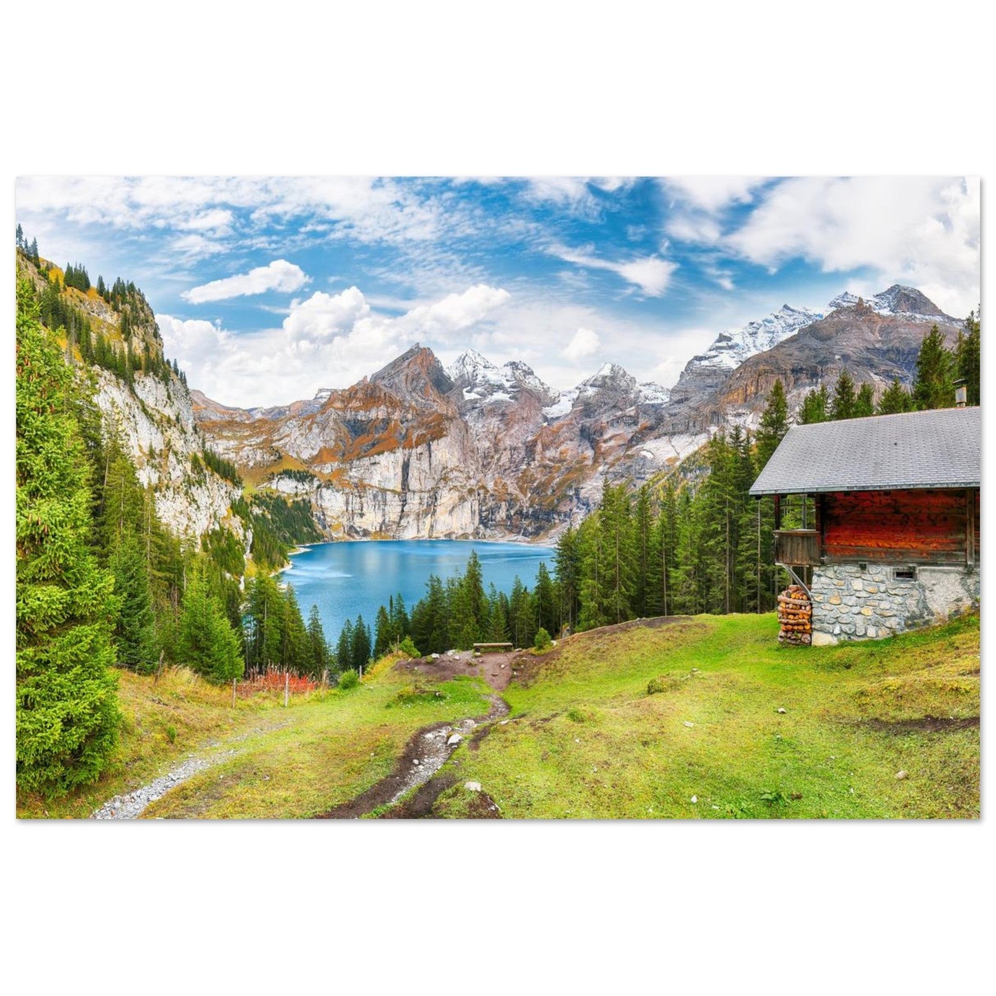Tableau photo du lac d’Oeschinen et du massif du Blüemlisalp en automne sur aluminium Dibond mat, format 60 × 90 cm