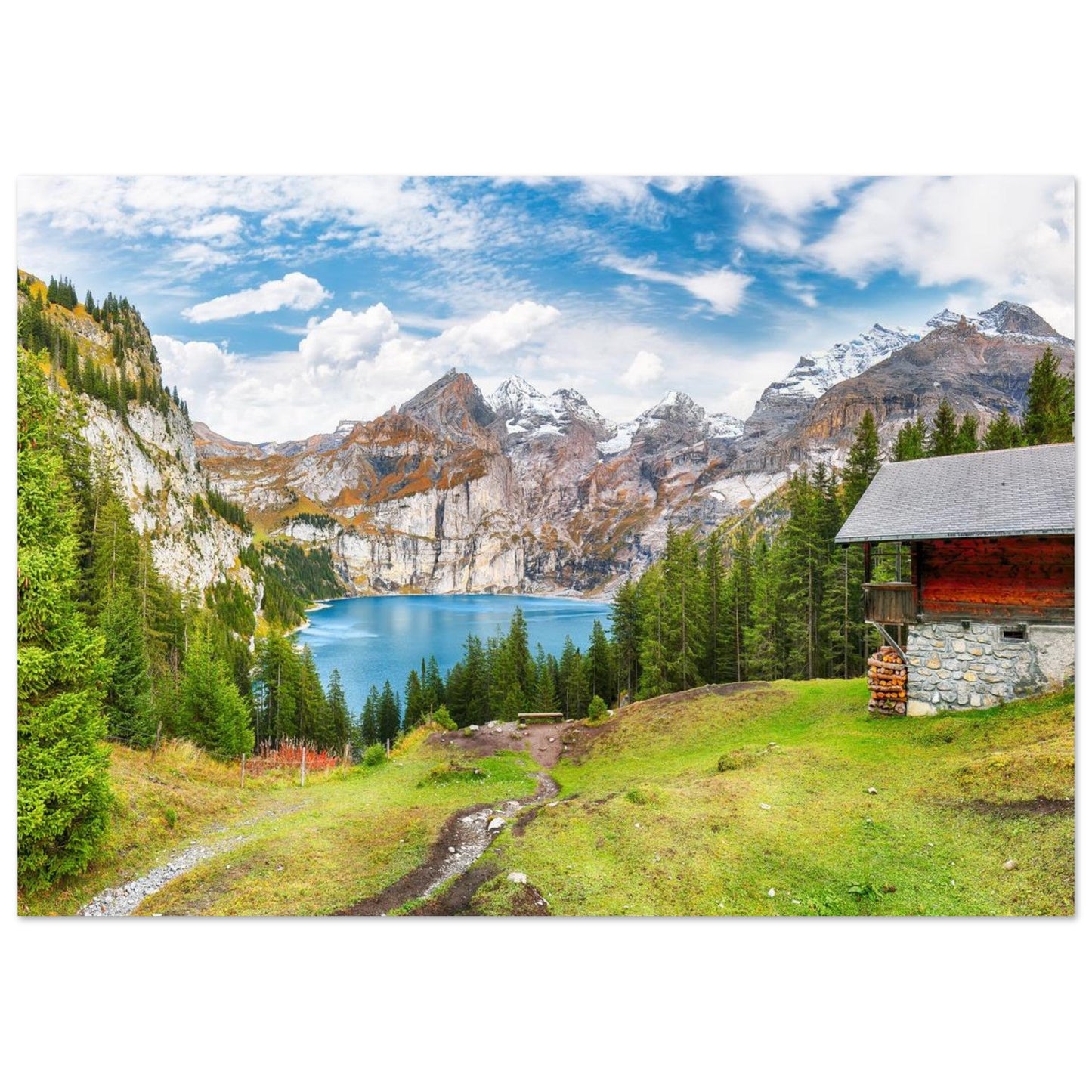 Tableau photo du lac d’Oeschinen et du massif du Blüemlisalp en automne sur aluminium Dibond mat, format 70 × 100 cm