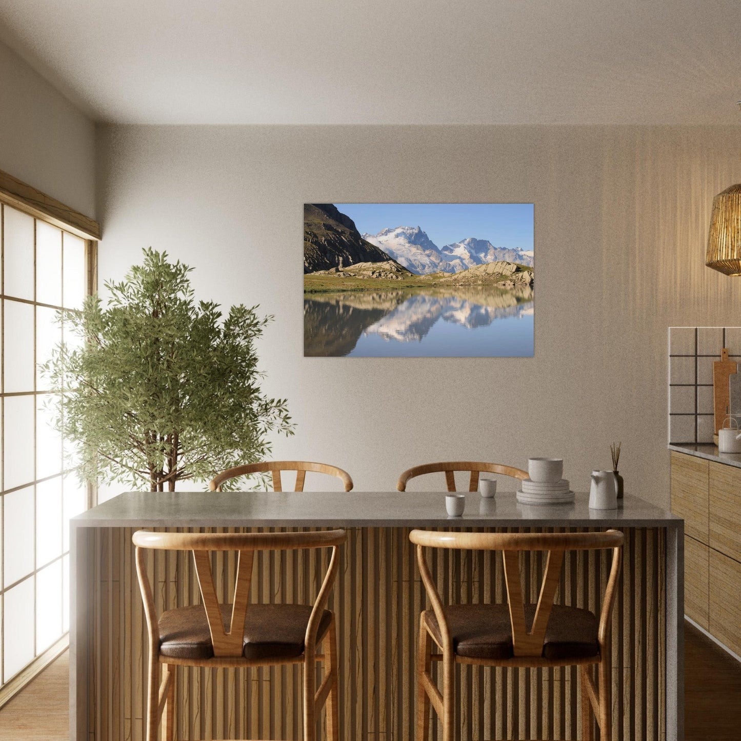 Tableau photo du Lac du Goléon face à la Meije sur aluminium Dibond mat, accroché sur un mur clair