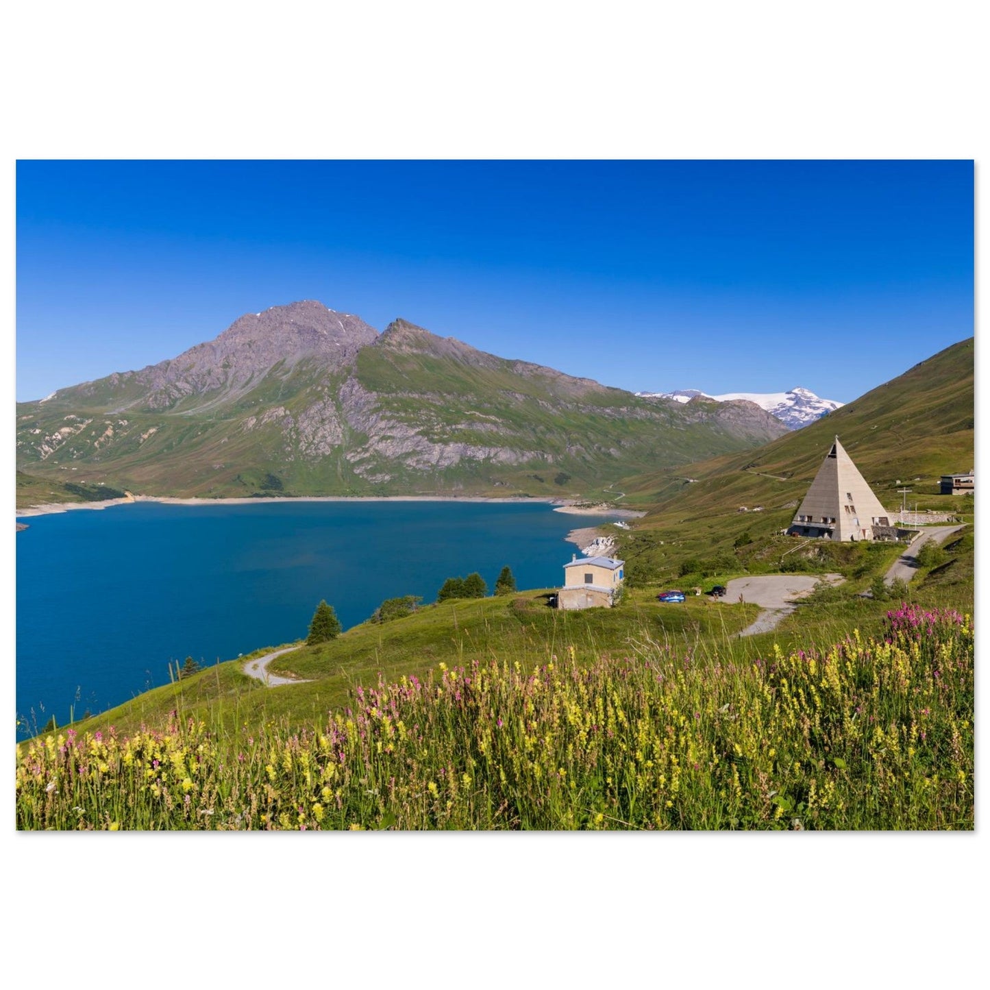 Photo du lac et de la Pyramide du Mont-Cenis — tableau photo paysage de montagne en Alu Dibond, fabrication française