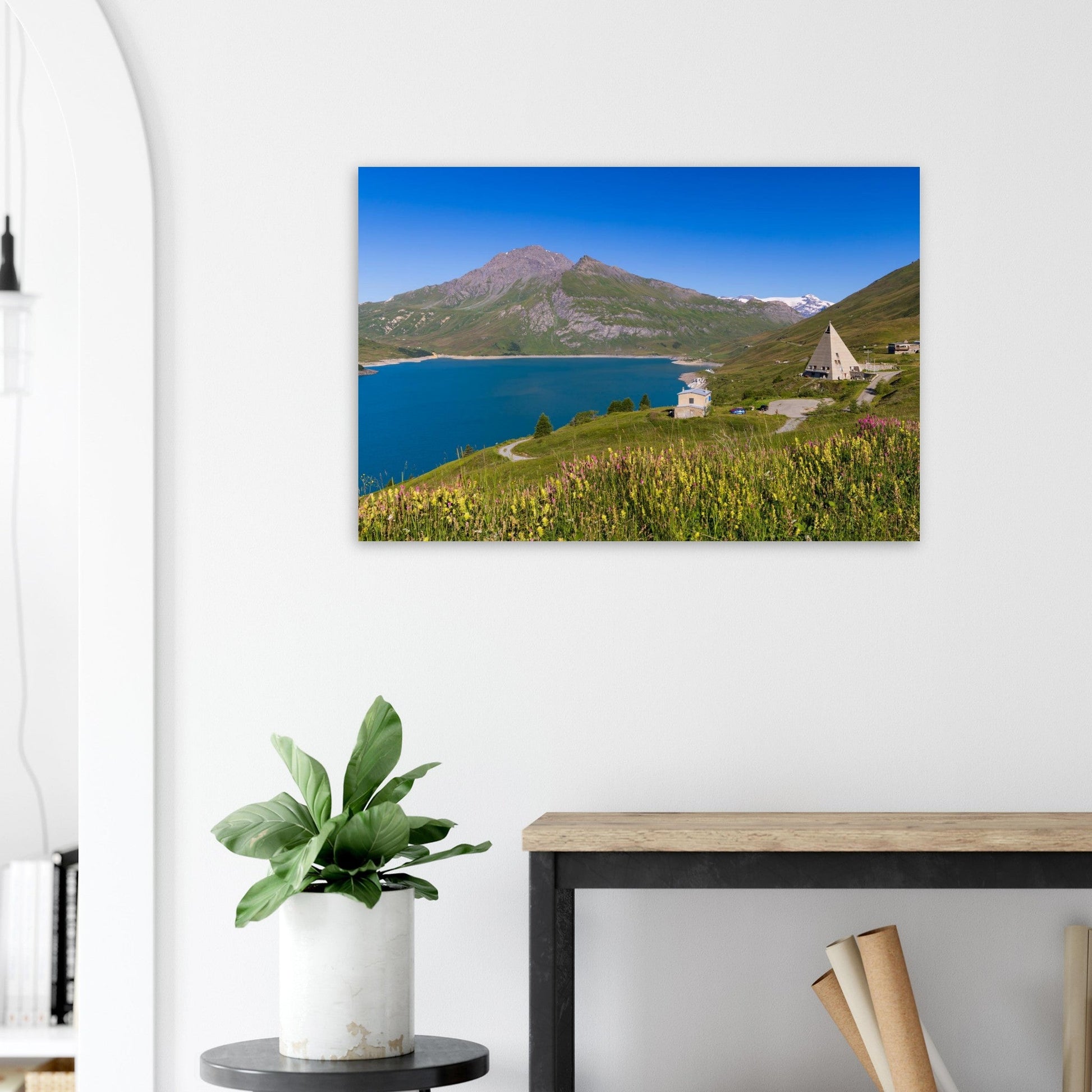 Photo du lac et de la Pyramide du Mont-Cenis — tableau photo paysage de montagne en Alu Dibond, fabrication française