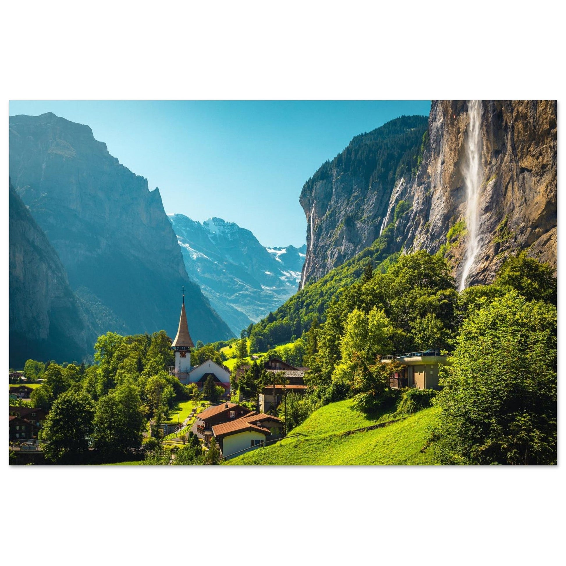 Tableau photo du Lauterbrunnen et la cascade de Staubbach sur aluminium Dibond mat, format 30 × 45 cm