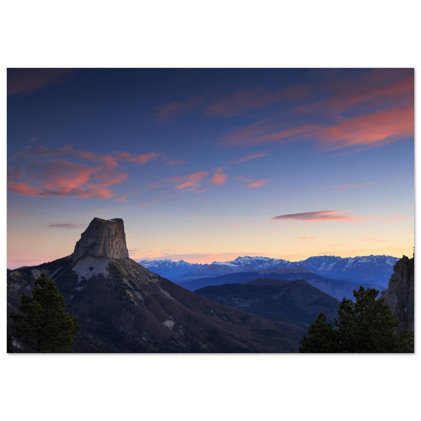 Photo of Mont Aiguille at sunset in the Vercors mountains — photo print on matte aluminium Dibond