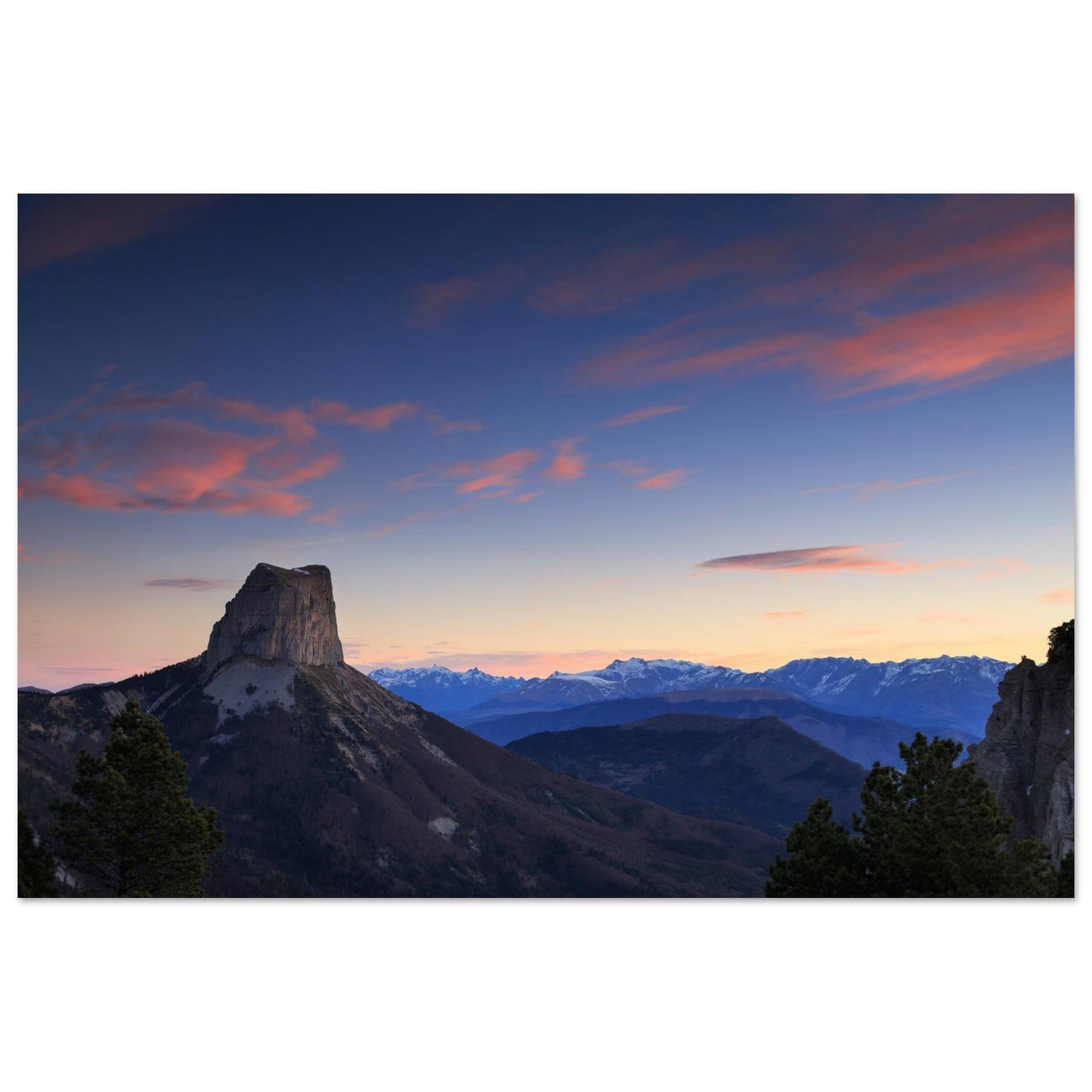 Photo of Mont Aiguille at sunset in the Vercors mountains — photo print on matte aluminium Dibond