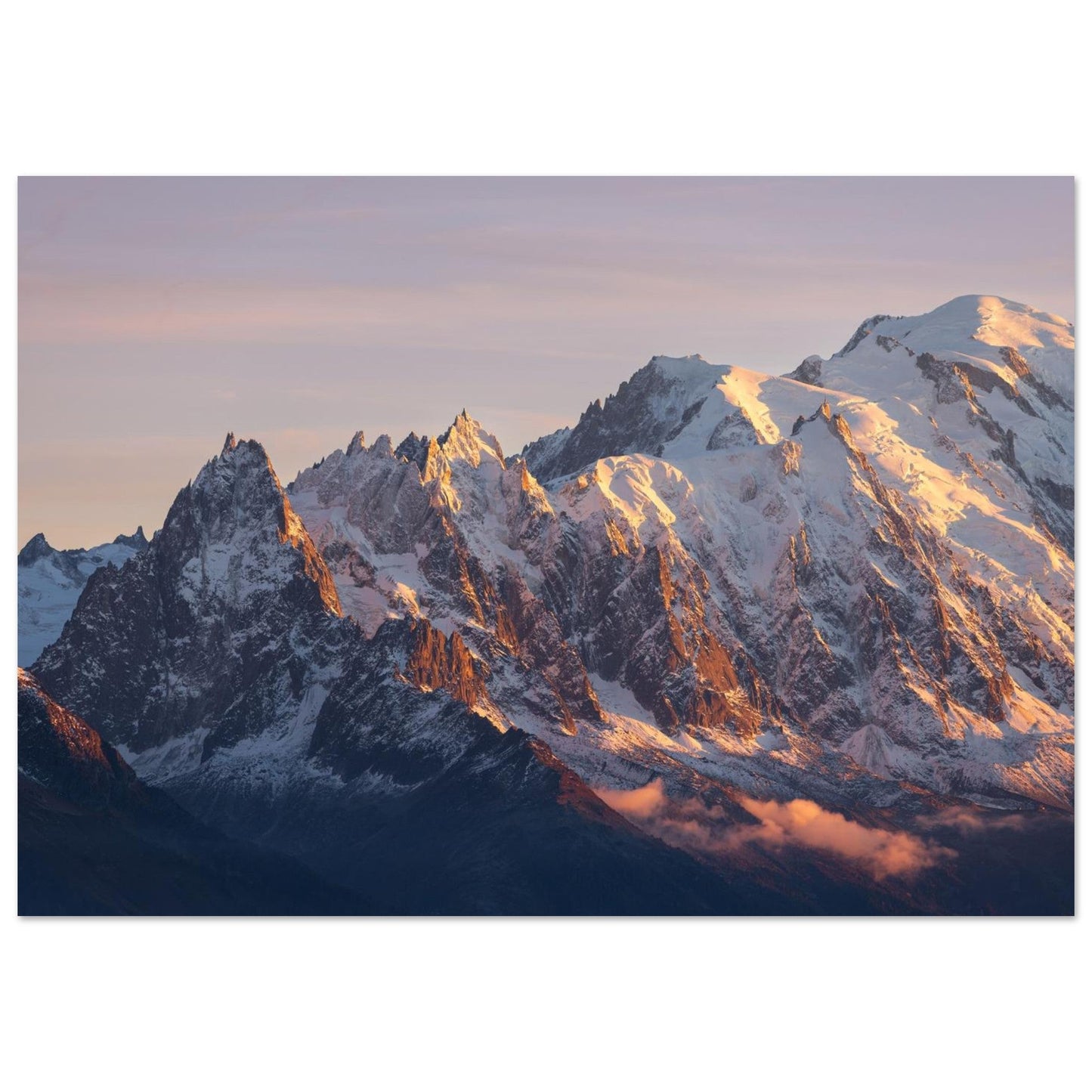 Tableau photo du Mont-Blanc au coucher du soleil en automne sur aluminium Dibond mat, format 70 × 100 cm