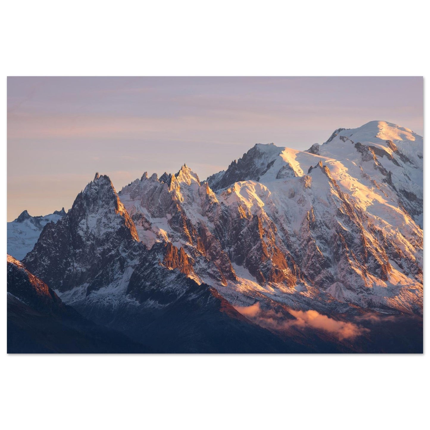 Tableau photo du Mont-Blanc au coucher du soleil en automne sur aluminium Dibond mat, format 60 × 90 cm