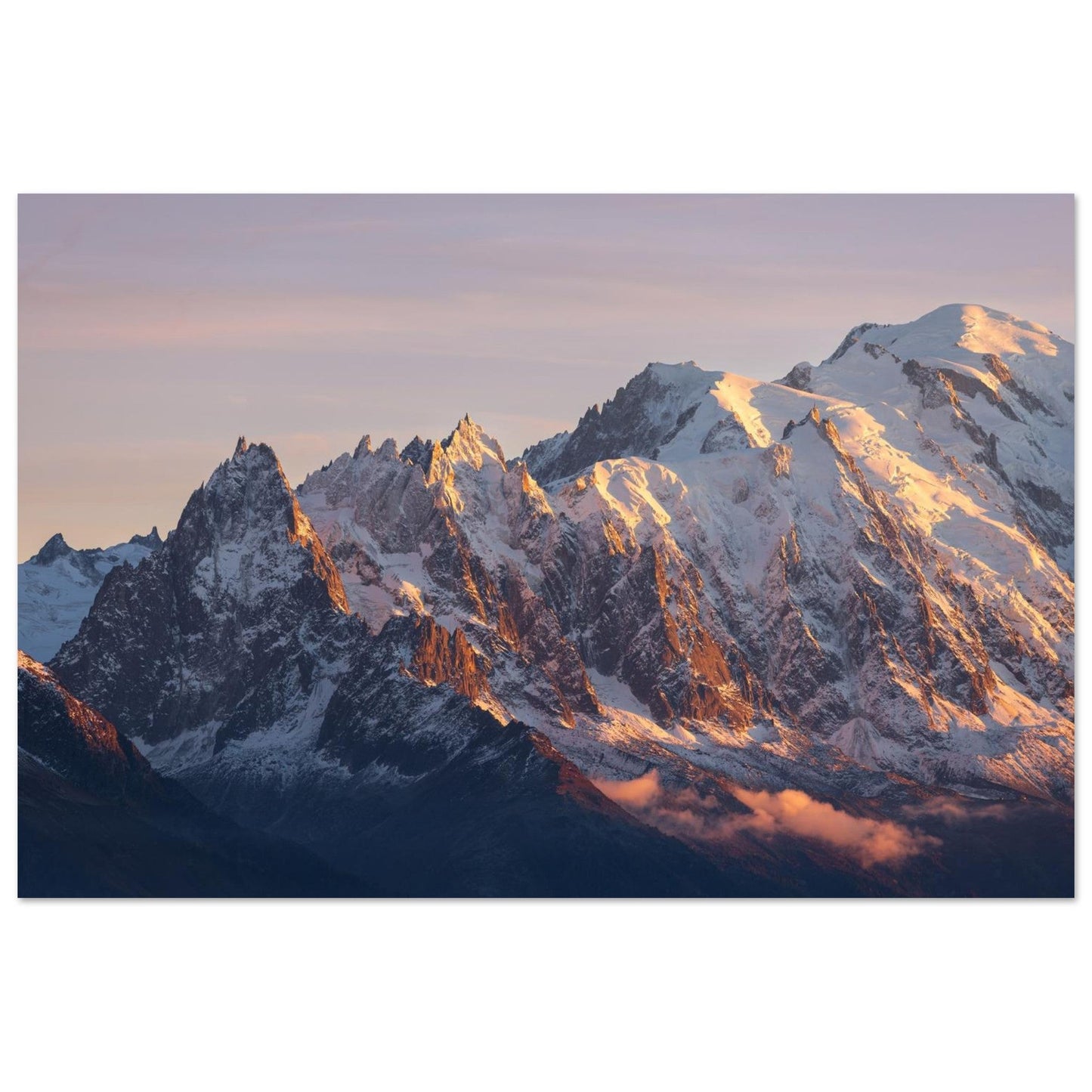 Tableau photo du Mont-Blanc au coucher du soleil en automne sur aluminium Dibond mat, format 30 × 45 cm
