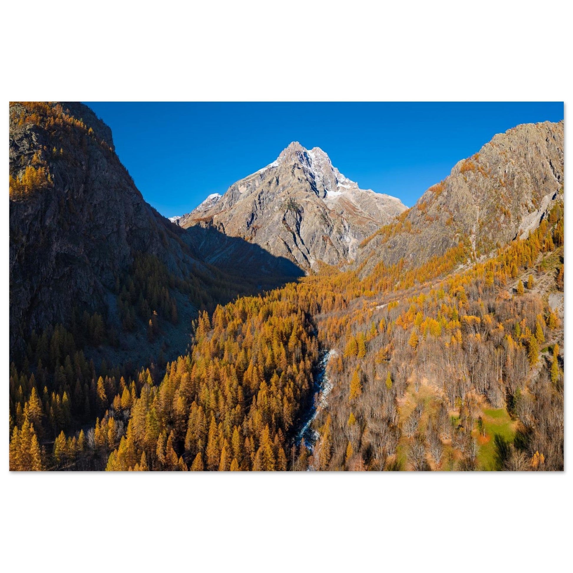 Tableau photo du Mont Pelvoux et mélèzes dorés dans les Écrins sur aluminium Dibond mat, format 30 × 45 cm