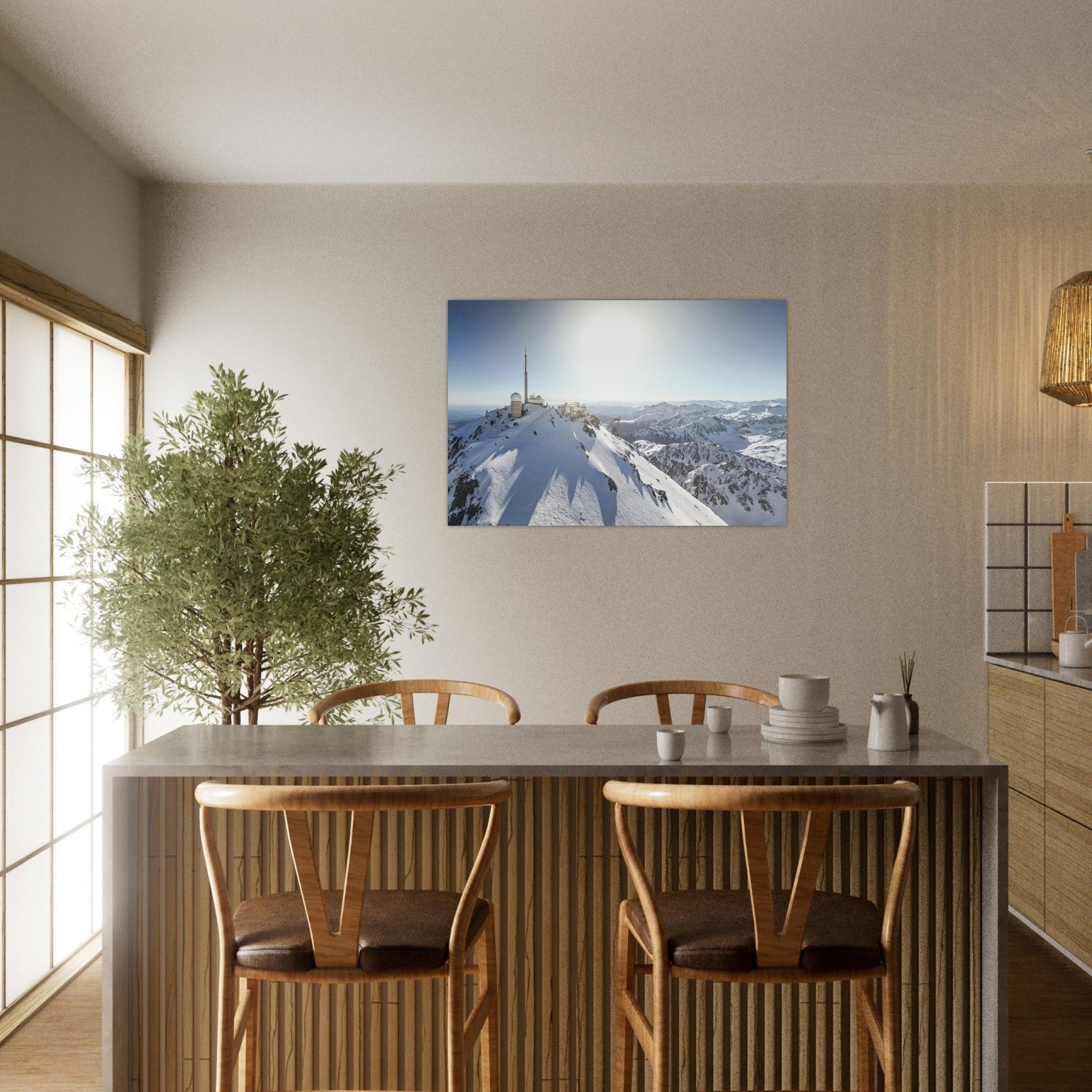 Tableau photo du Pic du Midi de Bigorre vu du ciel en hiver sur aluminium Dibond mat, exposé dans une chambre