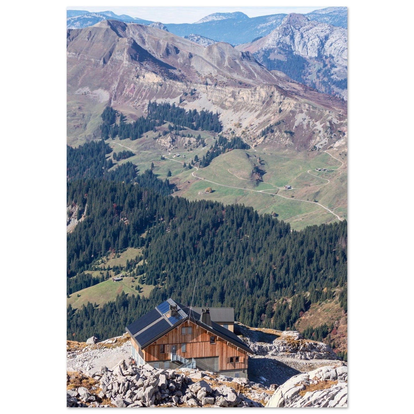 Photo du refuge de la Pointe Percée dans les Aravis — tableau photo paysage de montagne en Alu Dibond, fabrication française