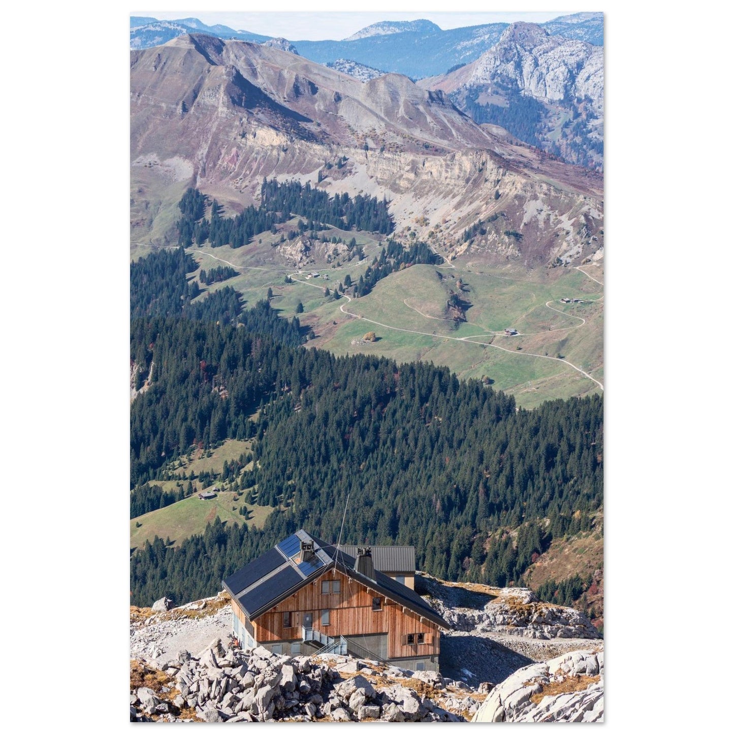 Photo du refuge de la Pointe Percée dans les Aravis — tableau photo paysage de montagne en Alu Dibond, fabrication française
