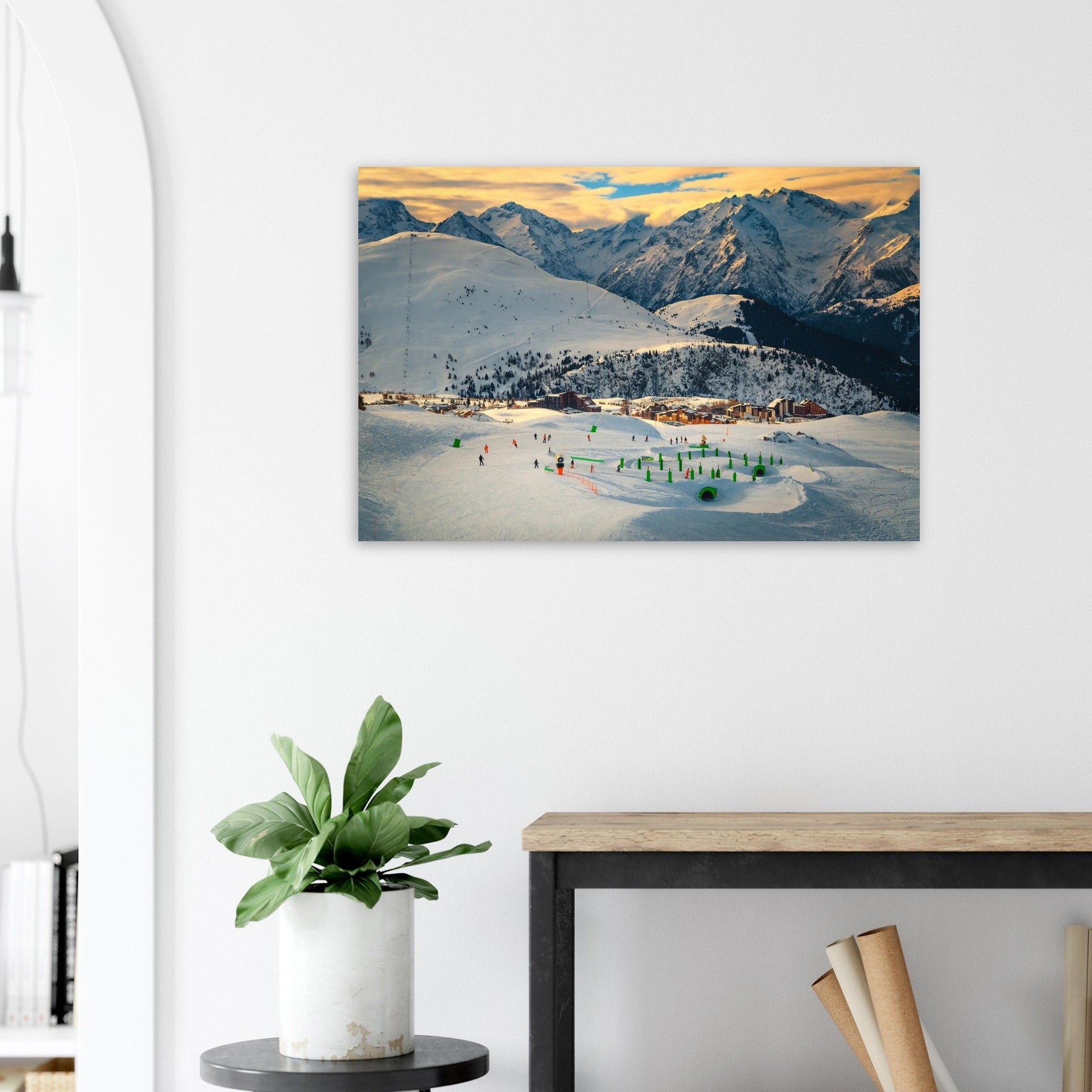 Photo du snowpark de l’Alpe d’Huez au coucher du soleil — tableau photo paysage de montagne en Alu Dibond