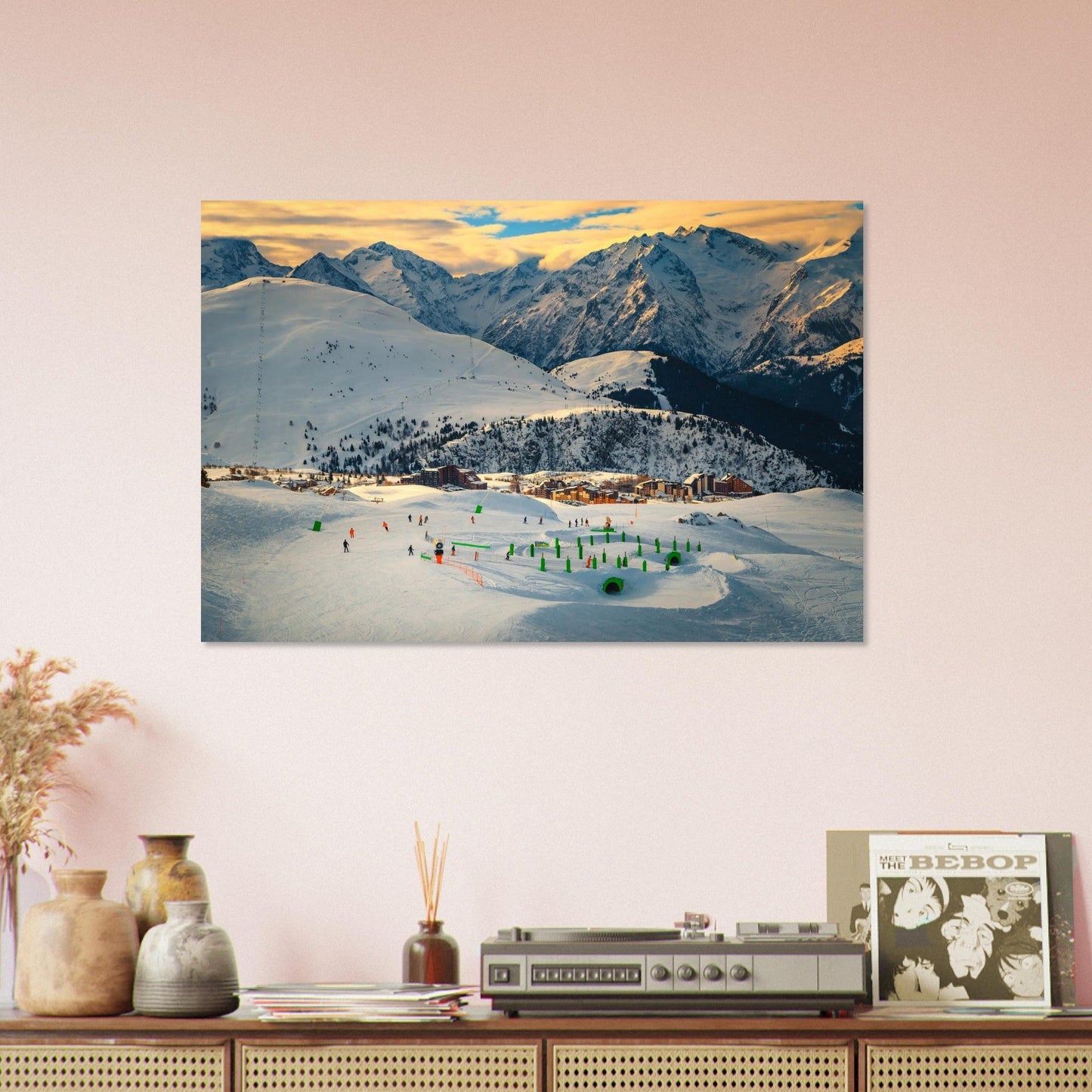 Foto des Snowparks von Alpe d'Huez bei Sonnenuntergang — Fotodruck auf mattem Alu-Dibond