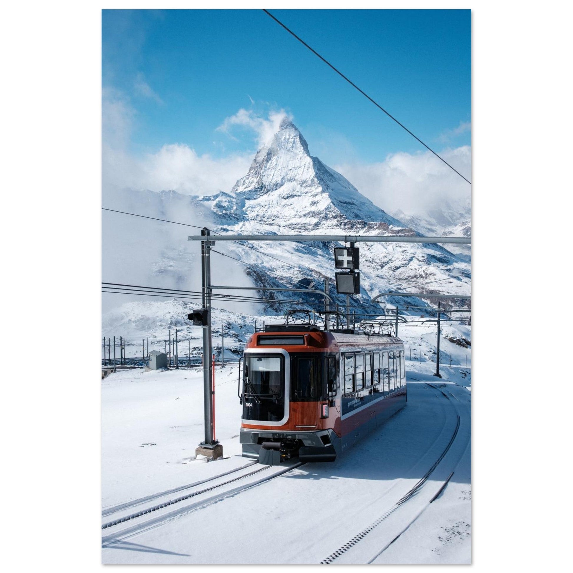Tableau photo du Train du Gornergrat face au Cervin en hiver sur aluminium Dibond mat, format 30 × 45 cm
