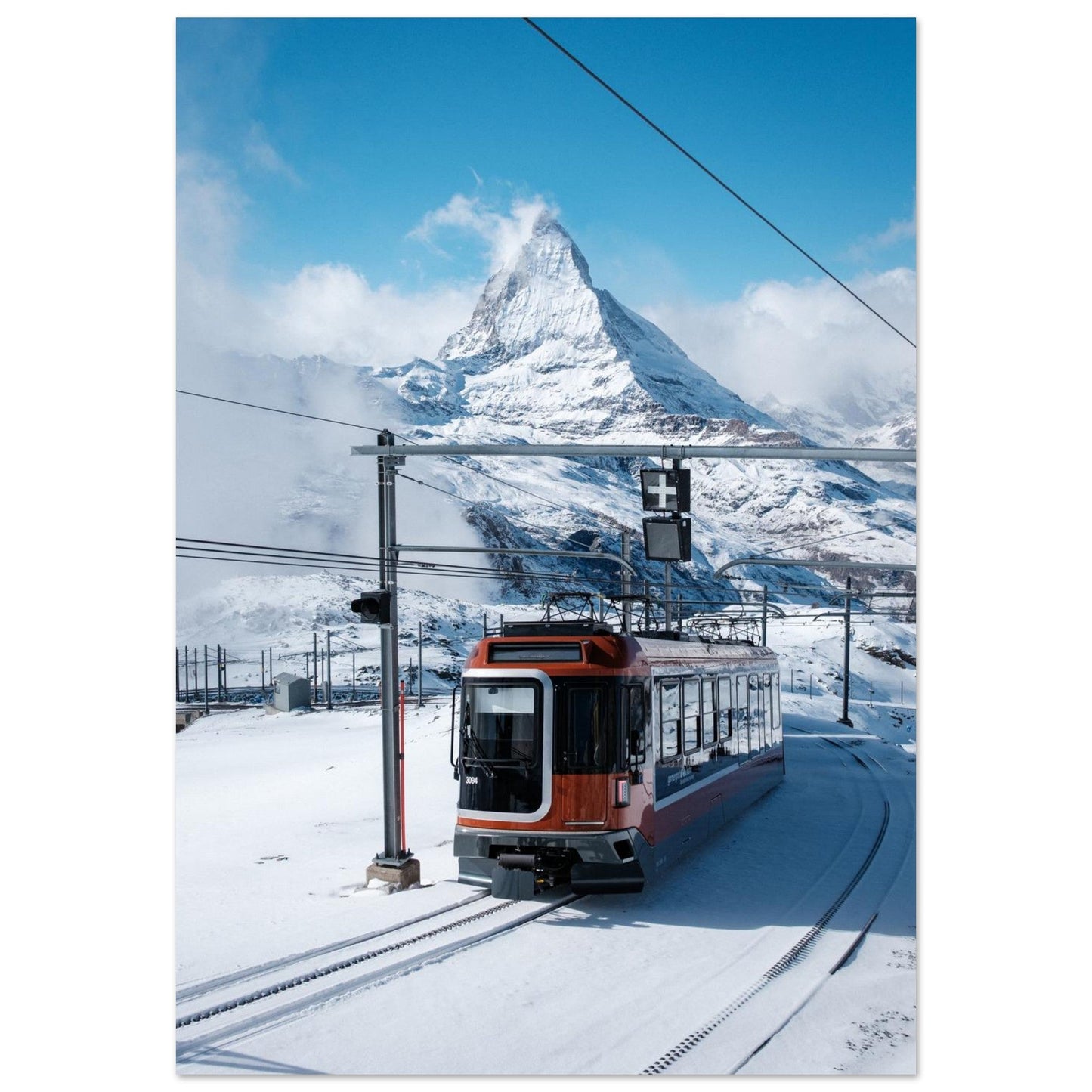 Tableau photo du Train du Gornergrat face au Cervin en hiver sur aluminium Dibond mat, format 70 × 100 cm