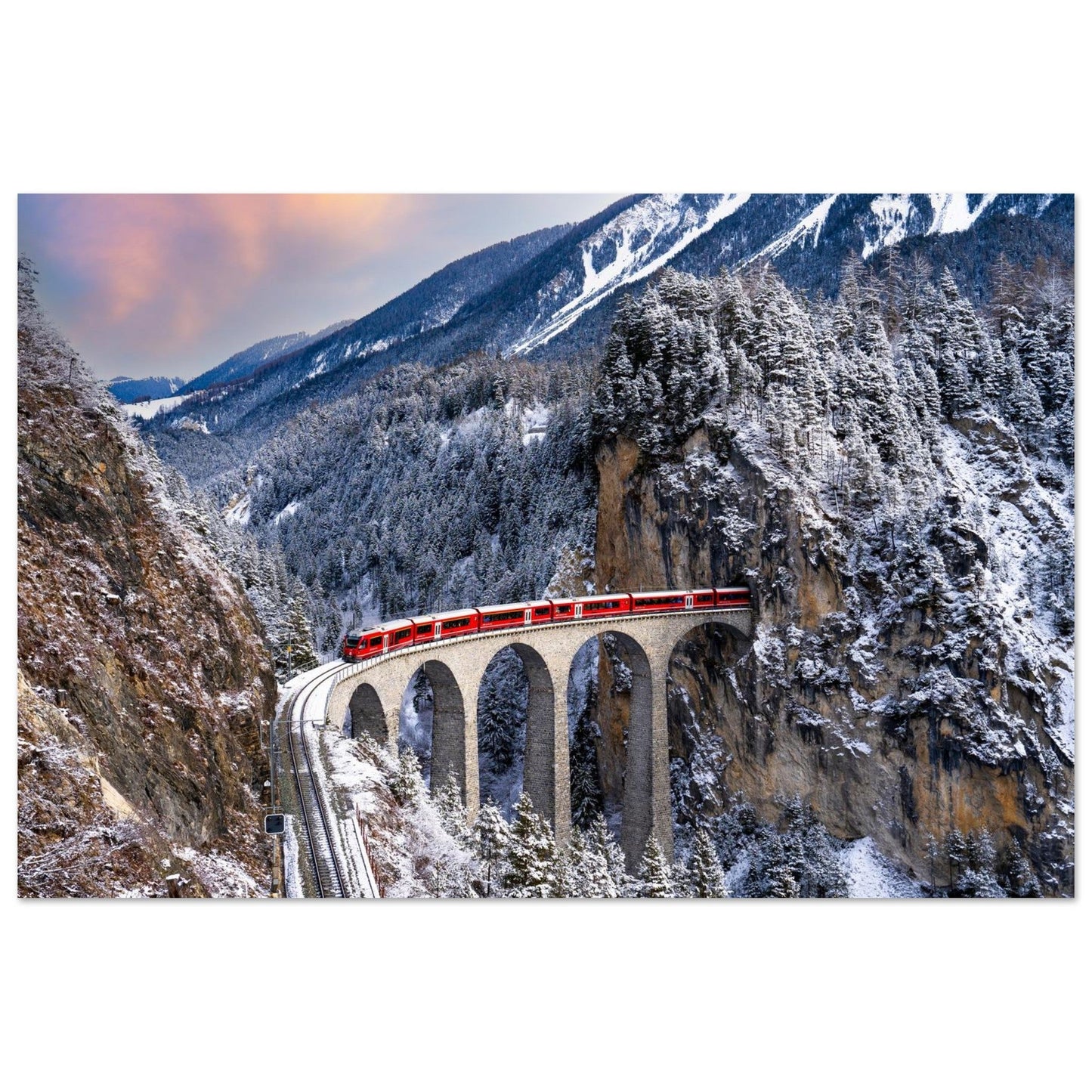 Tableau photo du train sur le viaduc de Landwasser sur aluminium Dibond mat, format 30 × 45 cm