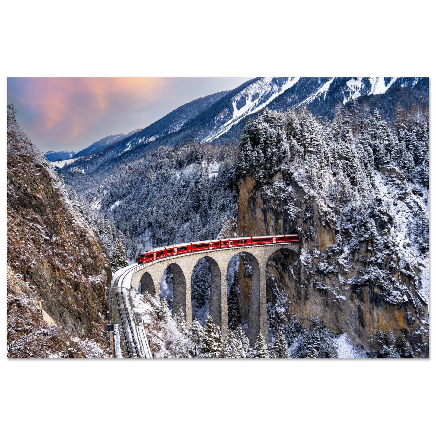 Tableau photo du train sur le viaduc de Landwasser sur aluminium Dibond mat, format 60 × 90 cm