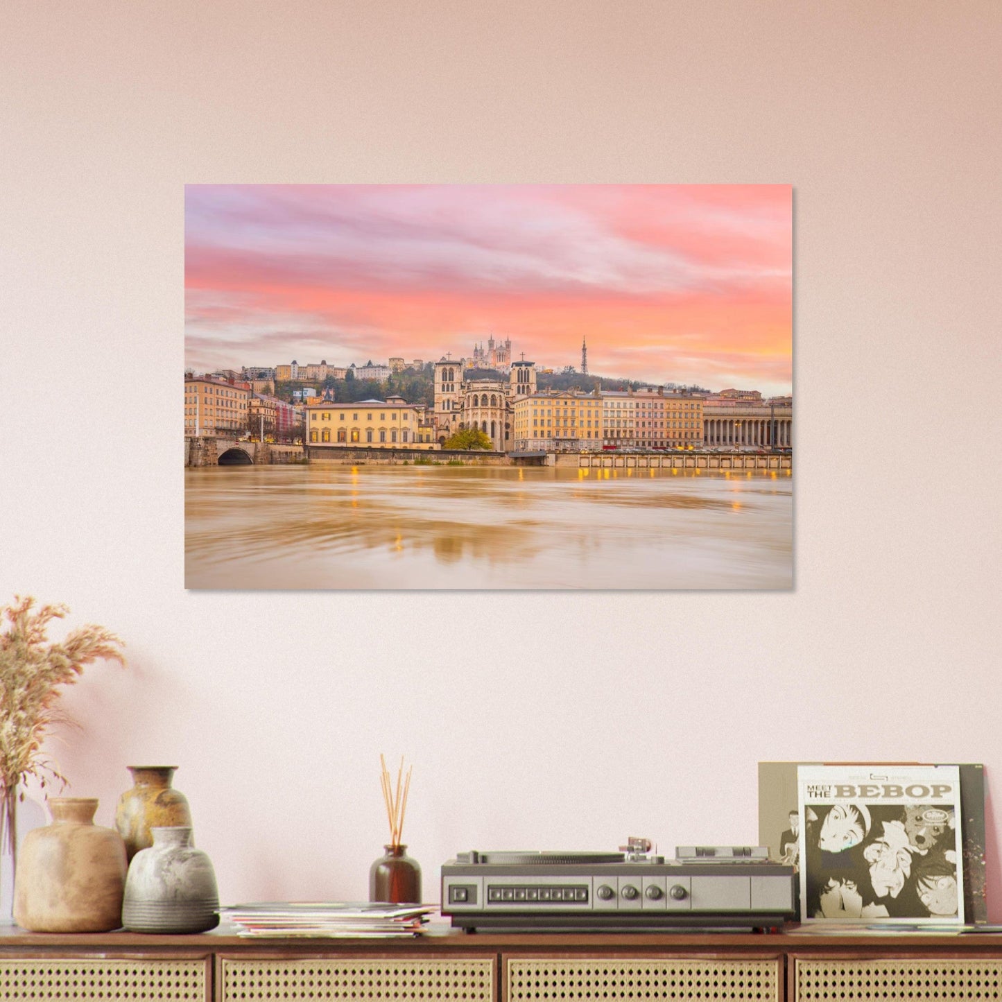 Photo du Vieux Lyon au coucher du soleil – Saint-Jean et la Saône — tableau photo paysage de montagne en Alu Dibond, fabrication française