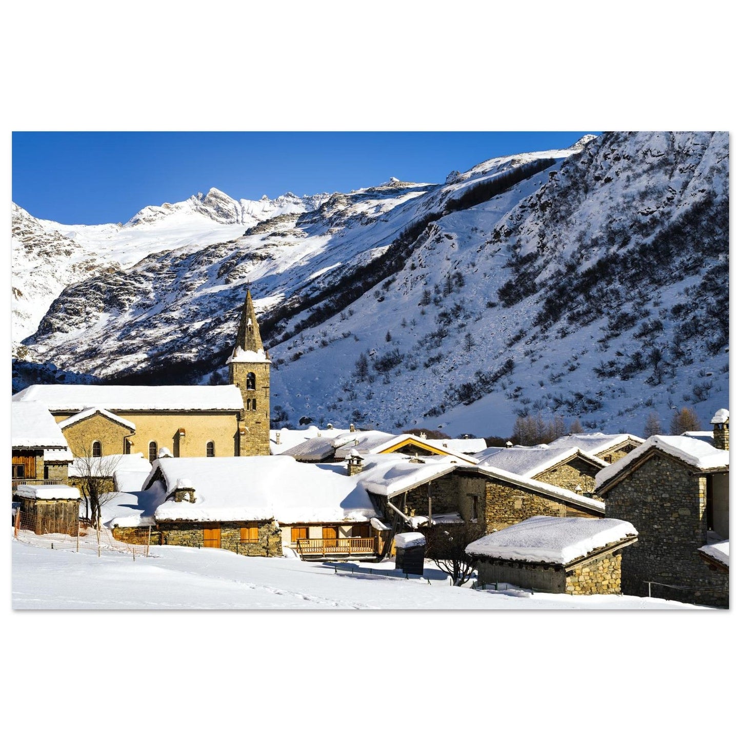 Photo du vieux village de Bonneval-sur-Arc en hiver — tableau photo paysage de montagne en Alu Dibond