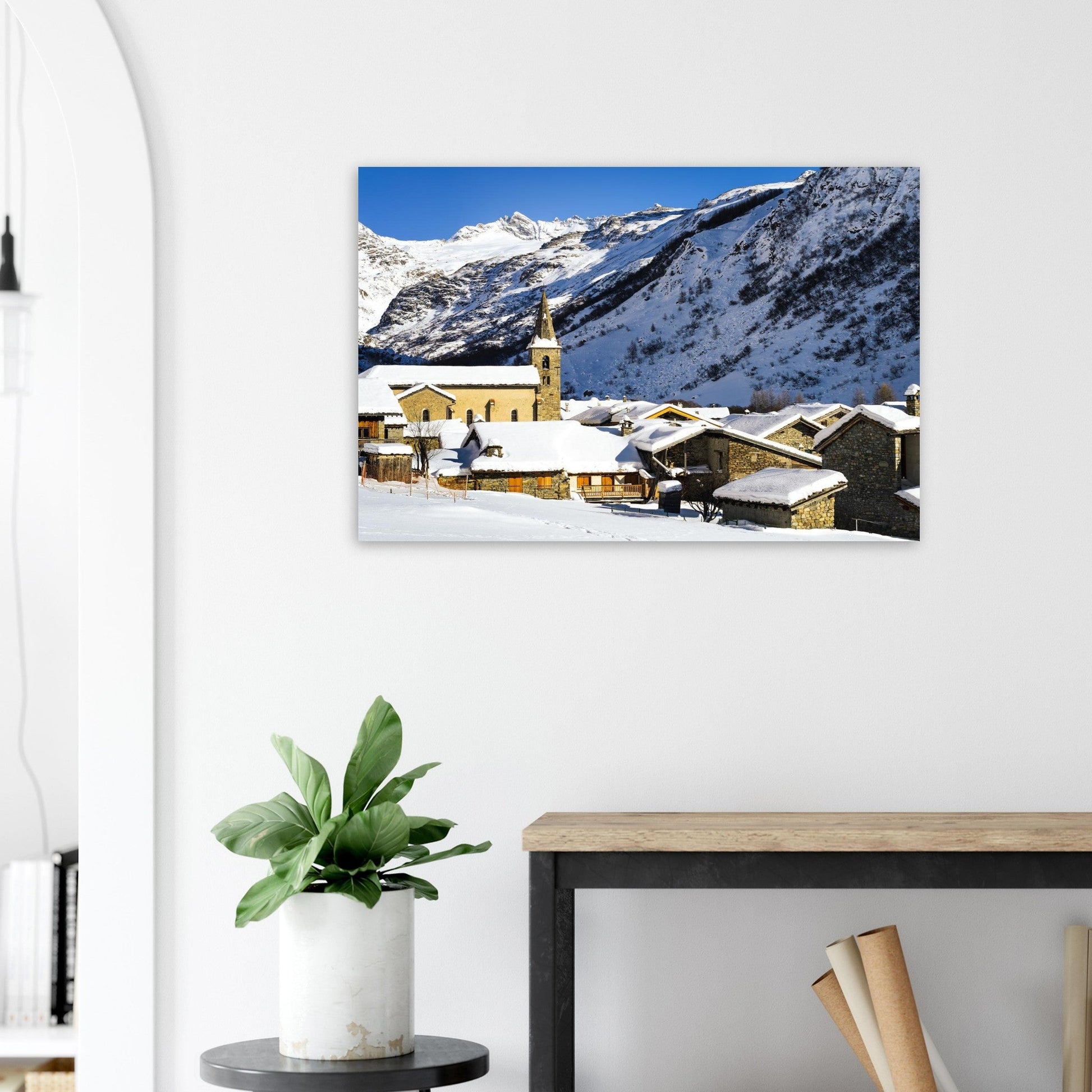Photo du vieux village de Bonneval-sur-Arc en hiver — tableau photo paysage de montagne en Alu Dibond
