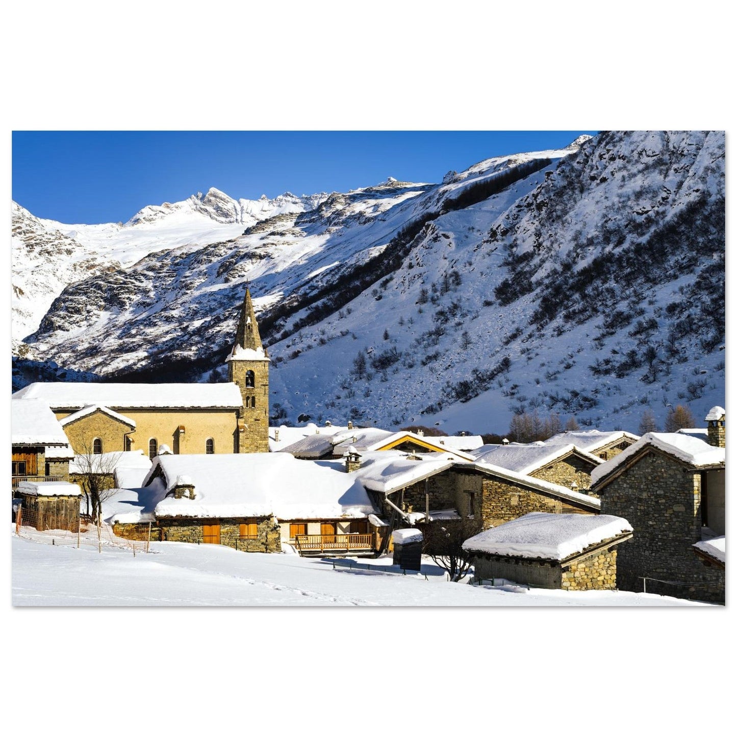 Photo du vieux village de Bonneval-sur-Arc en hiver — tableau photo paysage de montagne en Alu Dibond