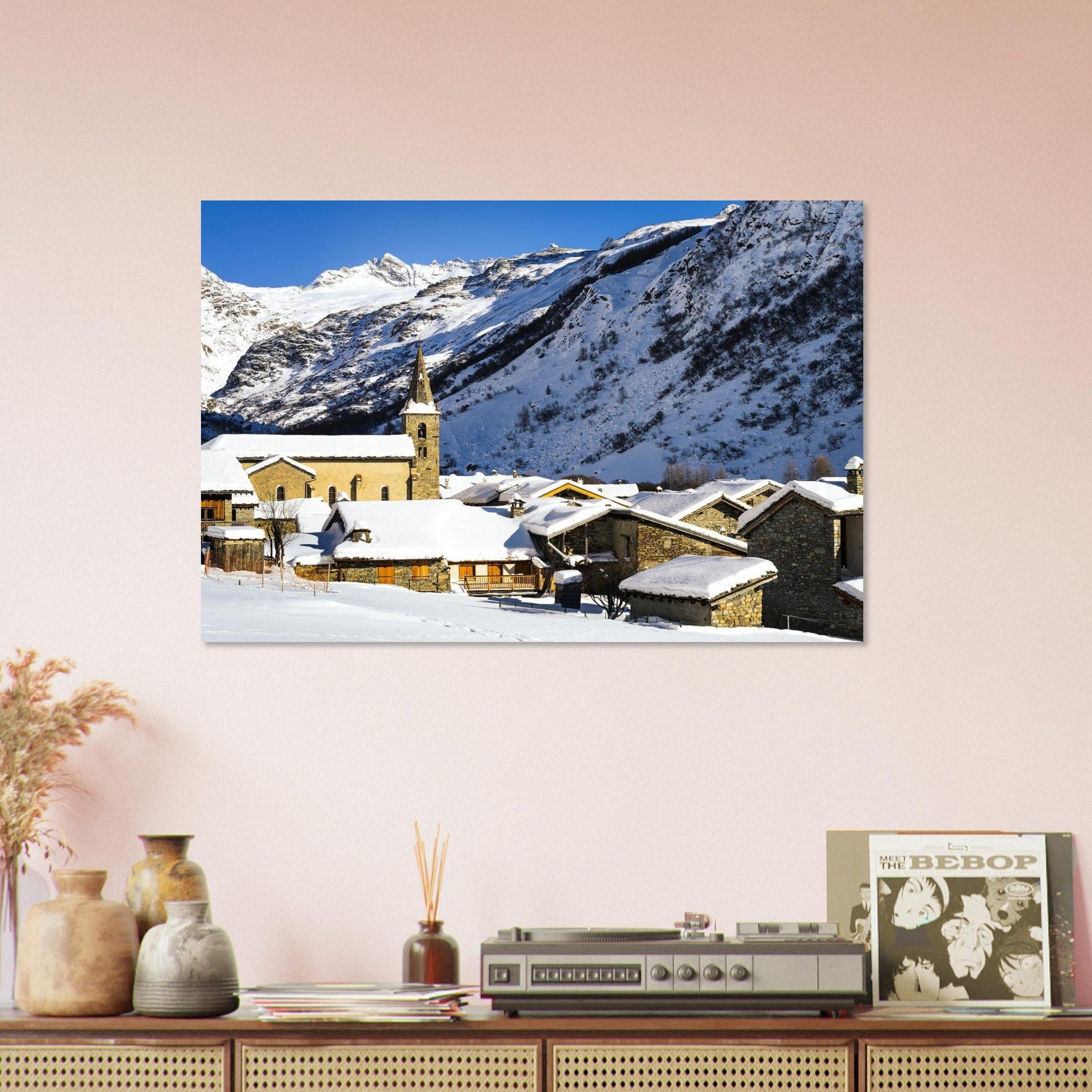 Photo du vieux village de Bonneval-sur-Arc en hiver — tableau photo paysage de montagne en Alu Dibond