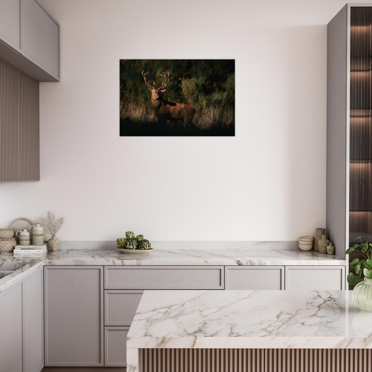 Tableau photo d’un cerf élaphe dans la lumière du soir sur aluminium Dibond mat — photographie : Alexandre Nilles