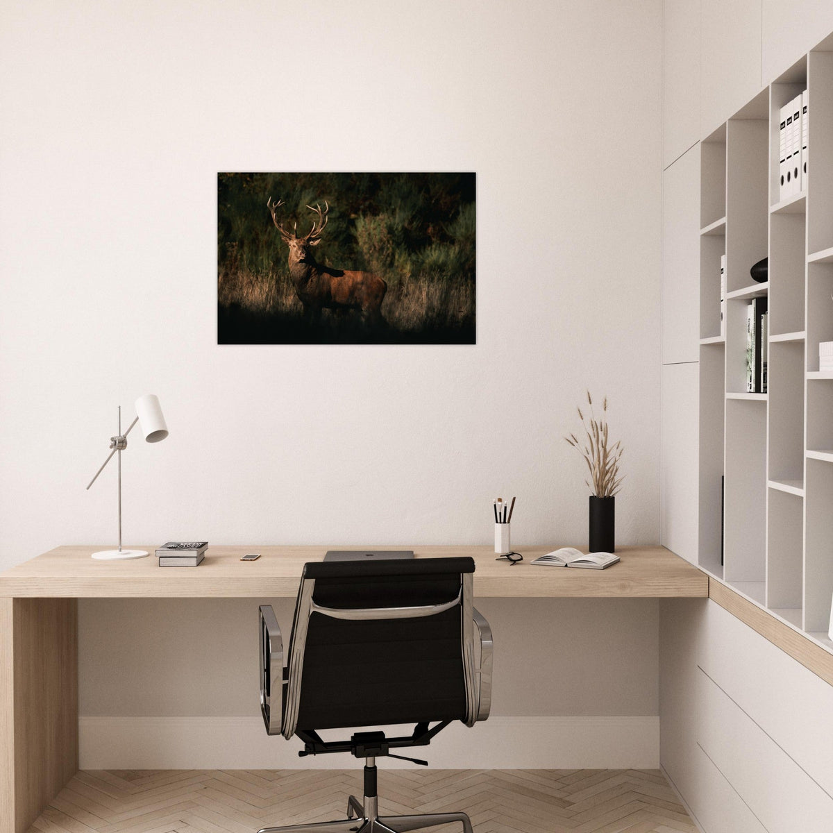 Tableau photo d’un cerf élaphe dans la lumière du soir sur aluminium Dibond mat — photographie : Alexandre Nilles