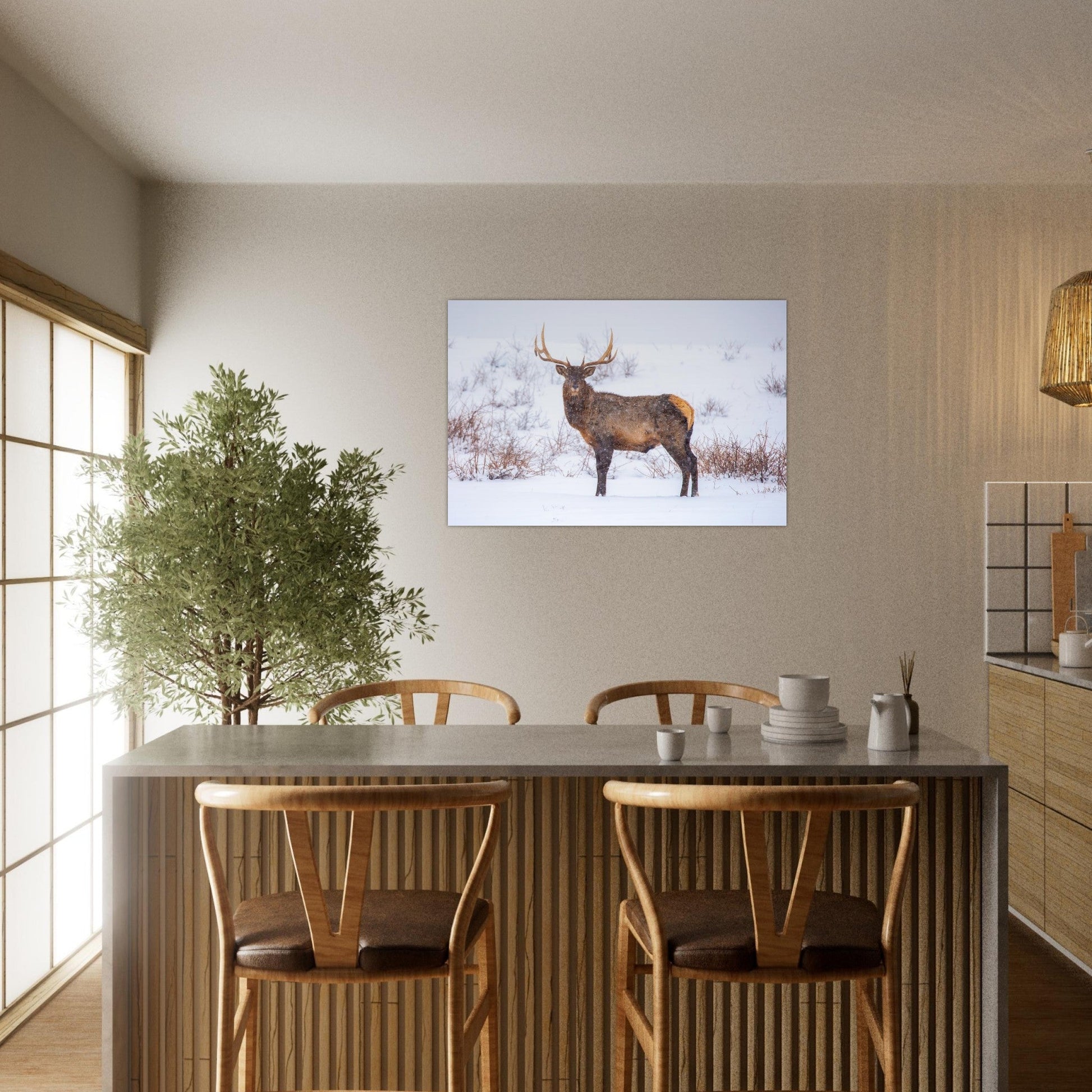 Photo d’un cerf sous la neige — tableau photo paysage de montagne en Alu Dibond, fabrication française