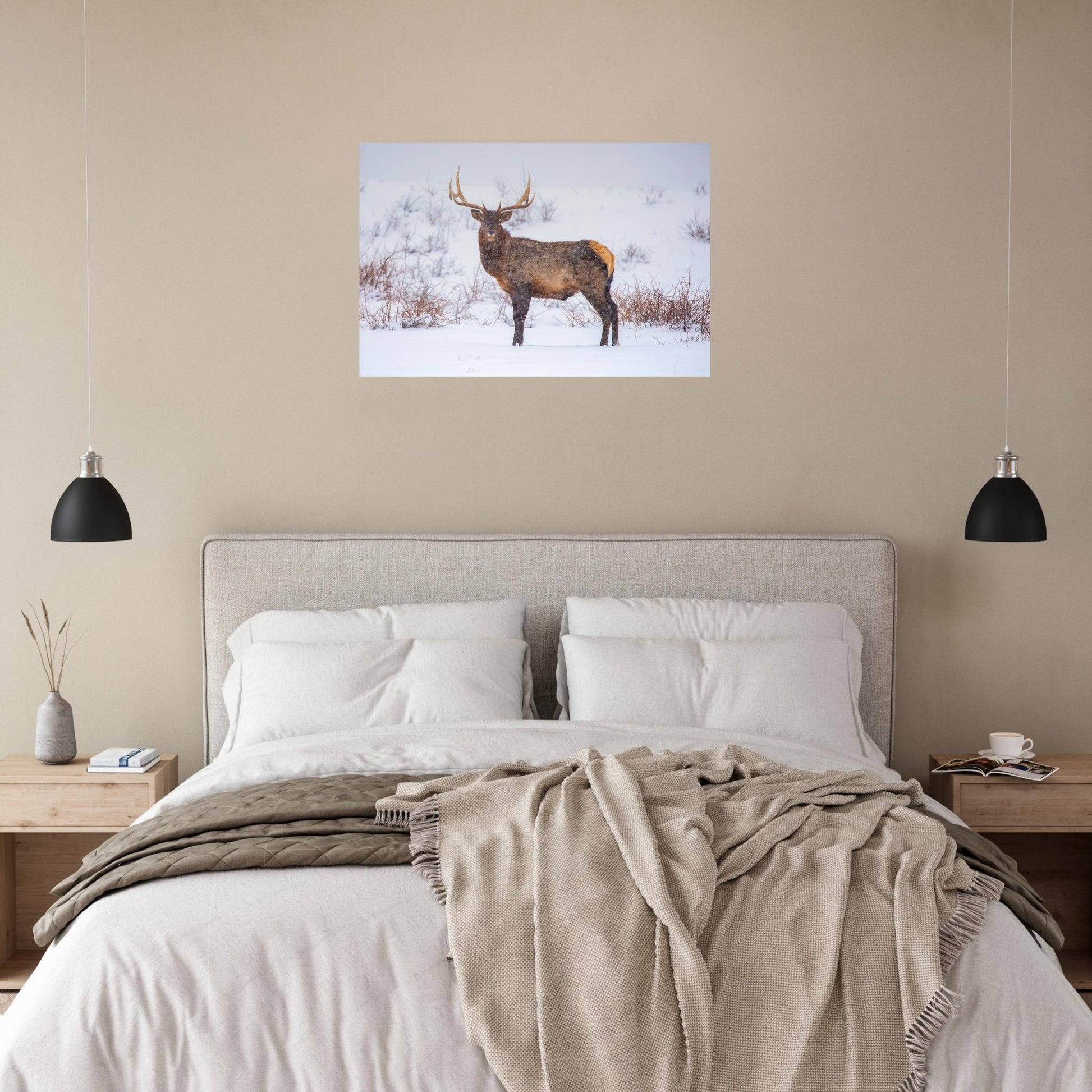 Photo d’un cerf sous la neige — tableau photo paysage de montagne en Alu Dibond, fabrication française